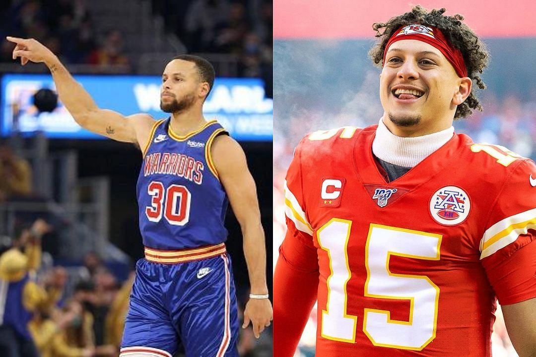 Golden State Warriors guard Steph Curry (l) and Chiefs quarterback Patrick Mahomes (r)