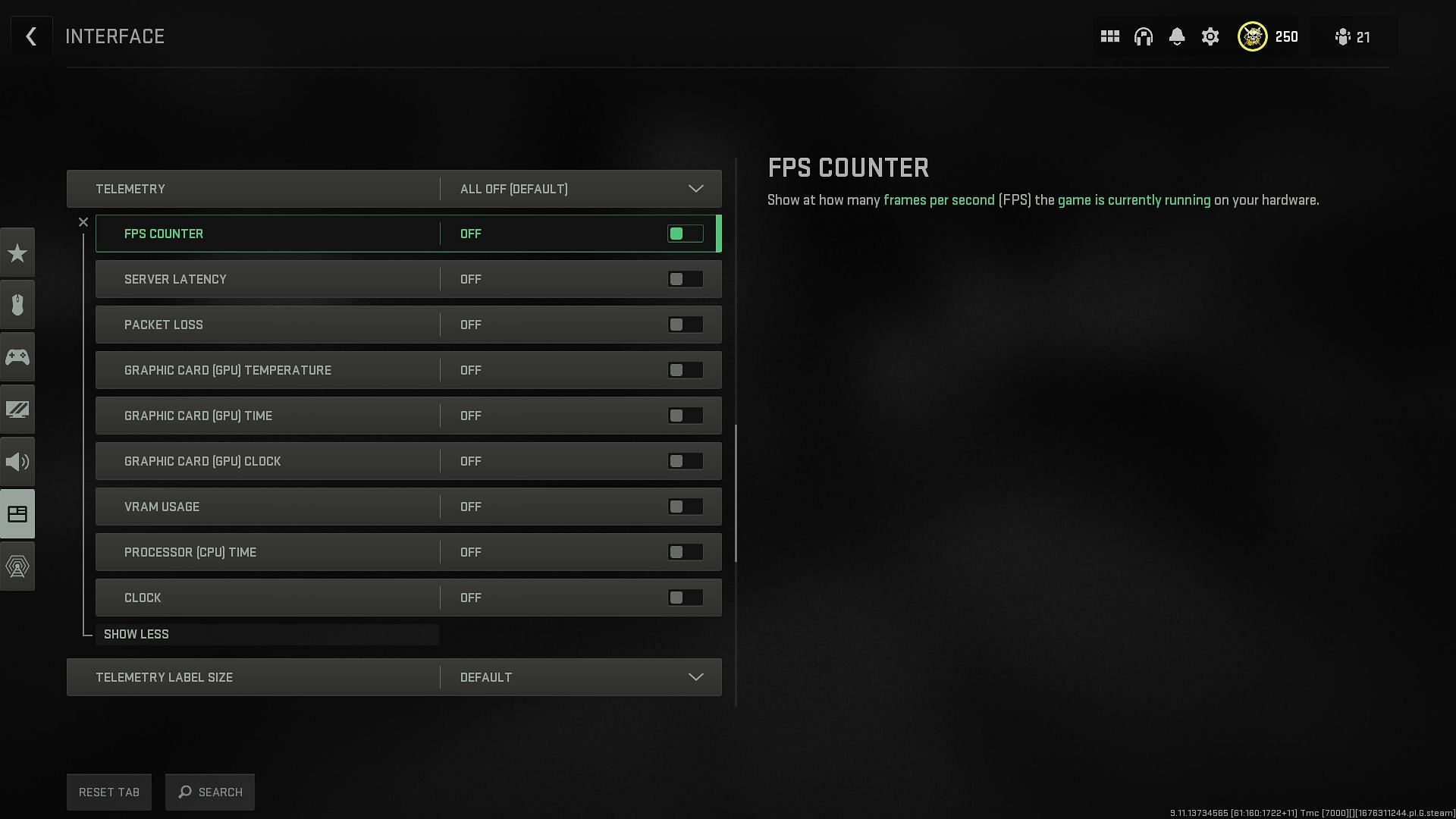 Telemetry options to check FPS and other metrics (Image via Activision)