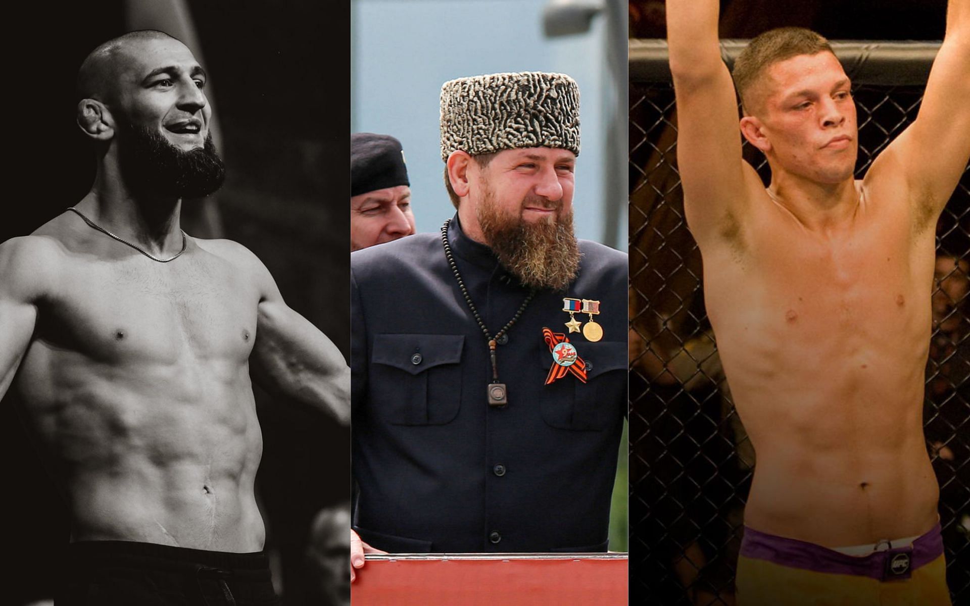 Khamzat Chimaev [Left] Ramzan Kadyrov [Center] Nate Diaz [Right] [Images courtesy: @KChimaev, @ZidanSports and @fastbenderJ (Twitter)]