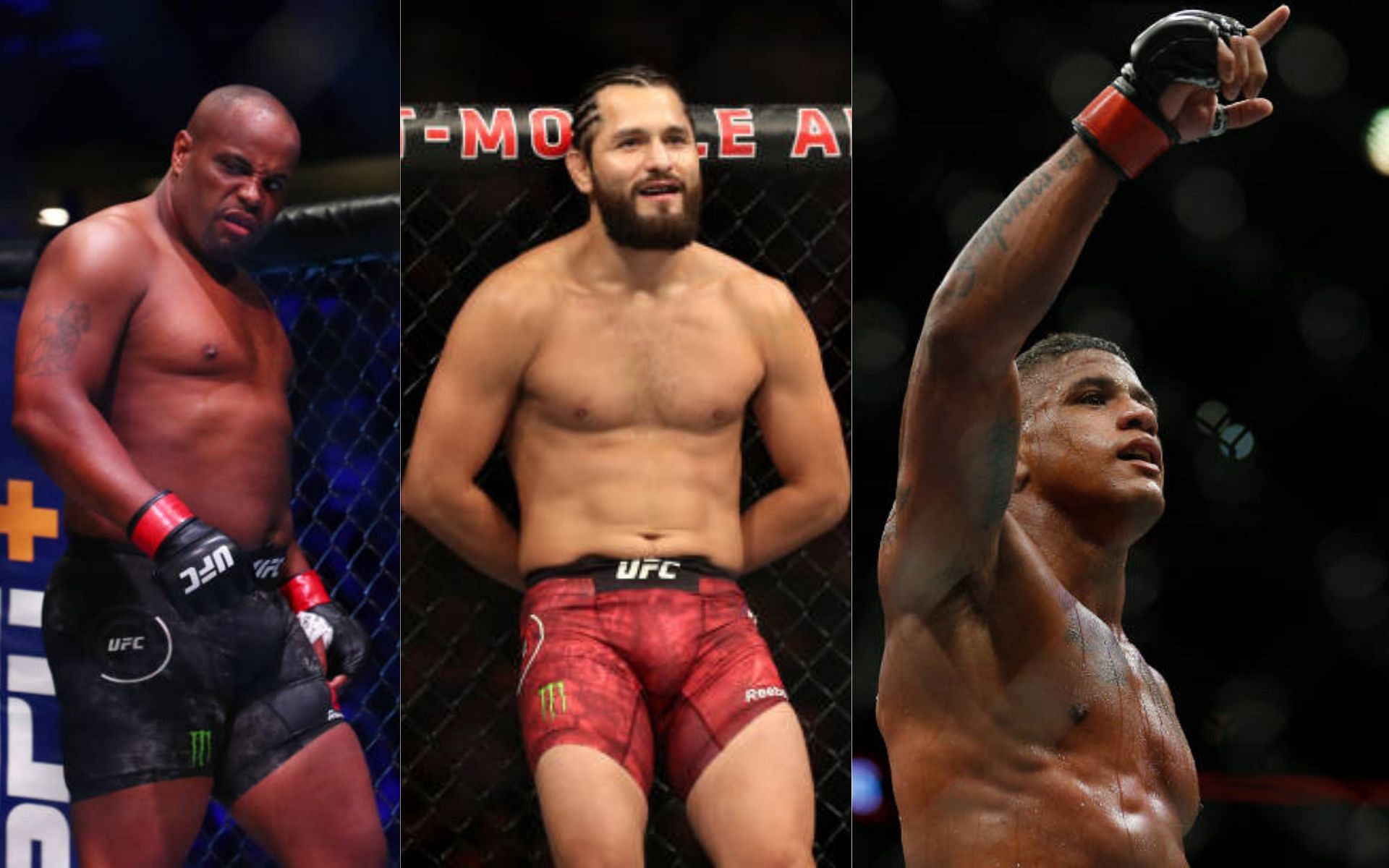 From left to right: Daniel Cormier, Jorge Masvidal, and Gilbert Burns