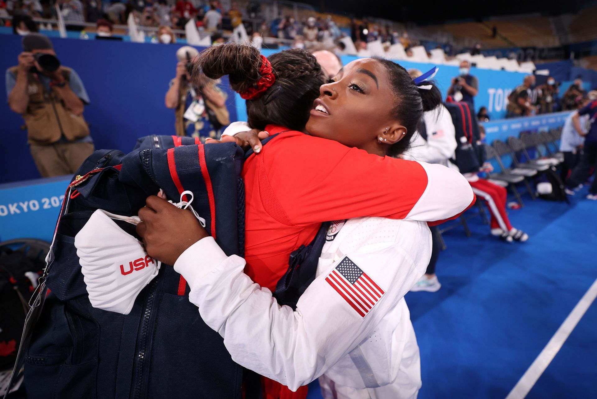 Simone of Team United States embraces teammate Sunisa Lee following the Women&#039;s Balance Beam Final on day eleven of the Tokyo 2020 Olympic Games at Ariake Gymnastics Centre on August 03, 2021 in Tokyo, Japan. (Photo by Jamie Squire/Getty Images)