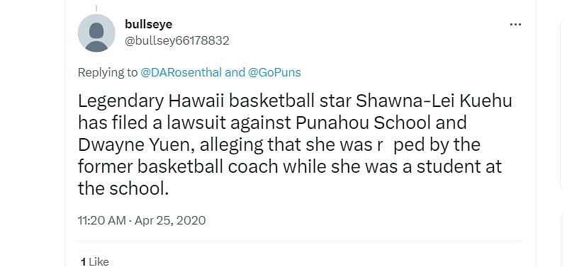 Screenshot of a tweet detailing Shawna-Lei&#039;s lawsuit against the former basketball coach (Image via Twitter/@bullsey66178832)