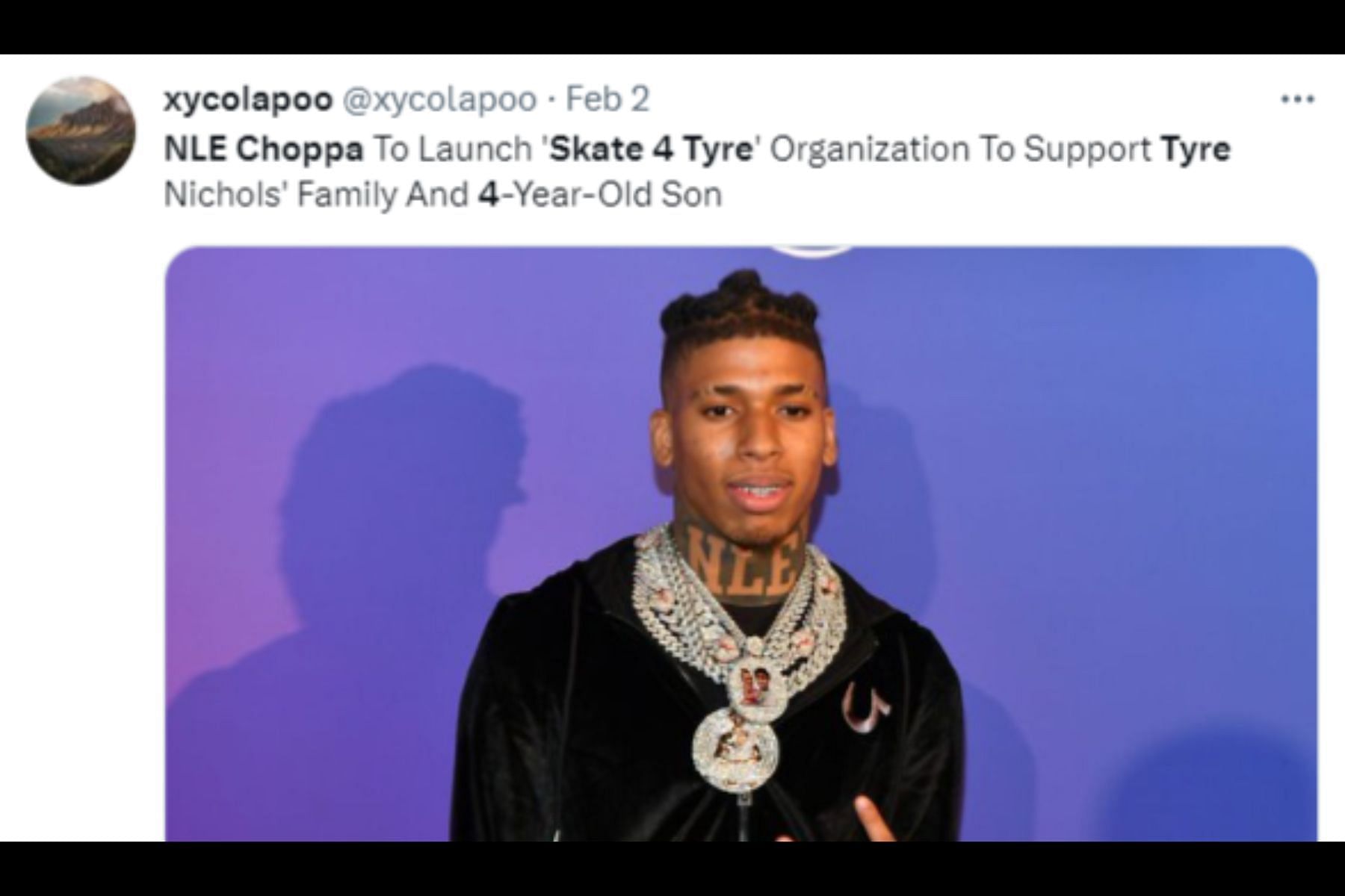 NLE Choppa to start a foundation to help Tyre Nichols&#039; family. (Image via Twitter/@xycolapoo)