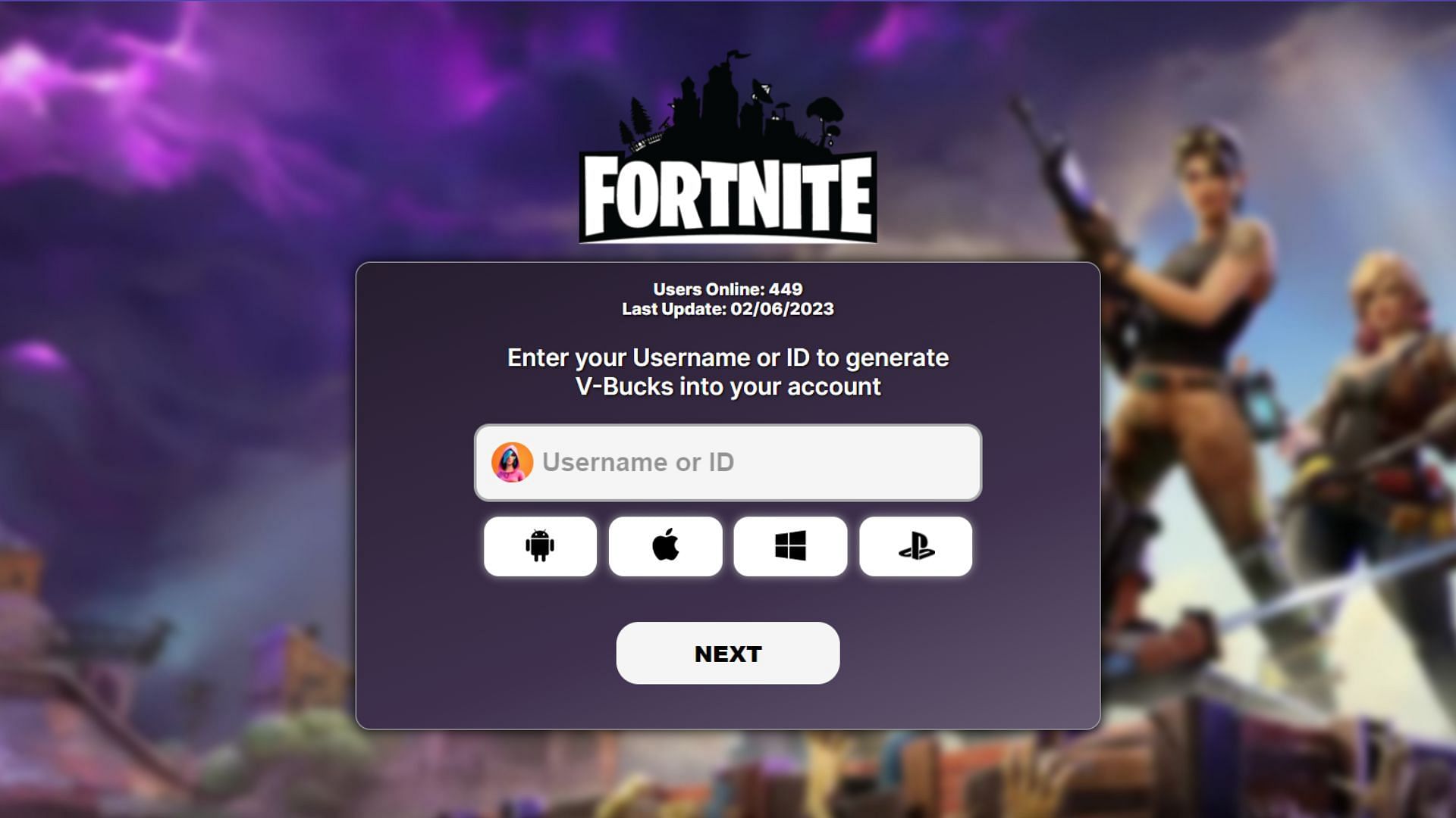 A phishing website promising players free V-Bucks (Image via Sportskeeda)