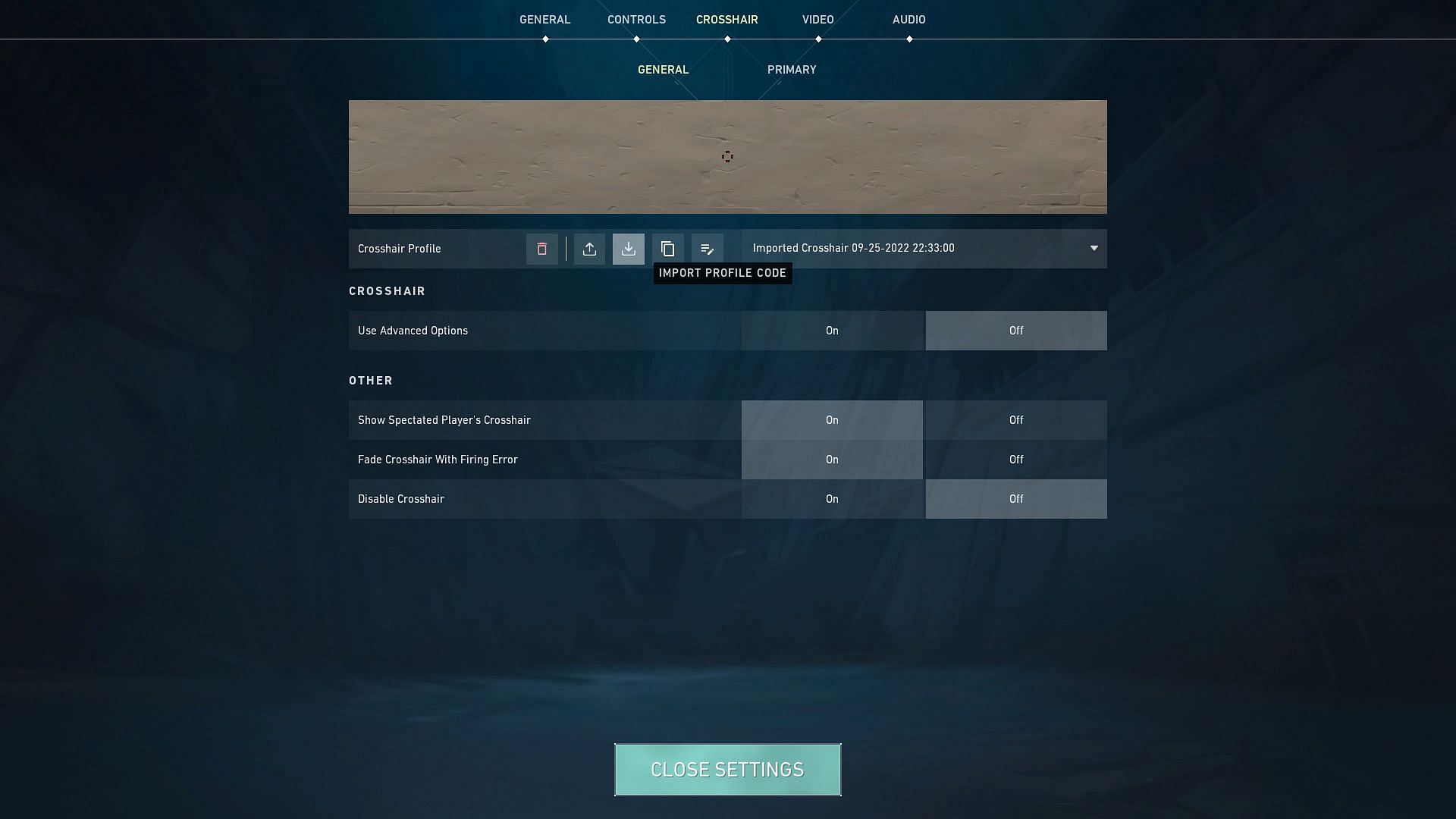 Crosshair Profile menu in-game (Image via Riot Games)