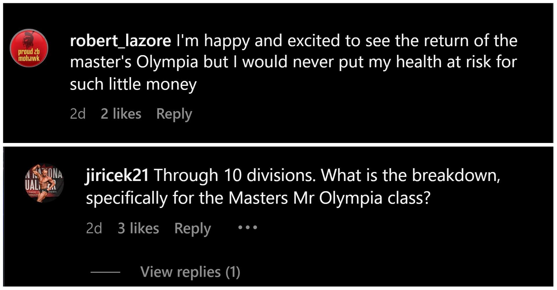 Fans take to the comments section on a Masters Olympia Instagram post to voice their disapproval of the overall prize money set aside for the 2023 Masters Olympia (Screen grab via Instagram/mastersolympiaofficial)