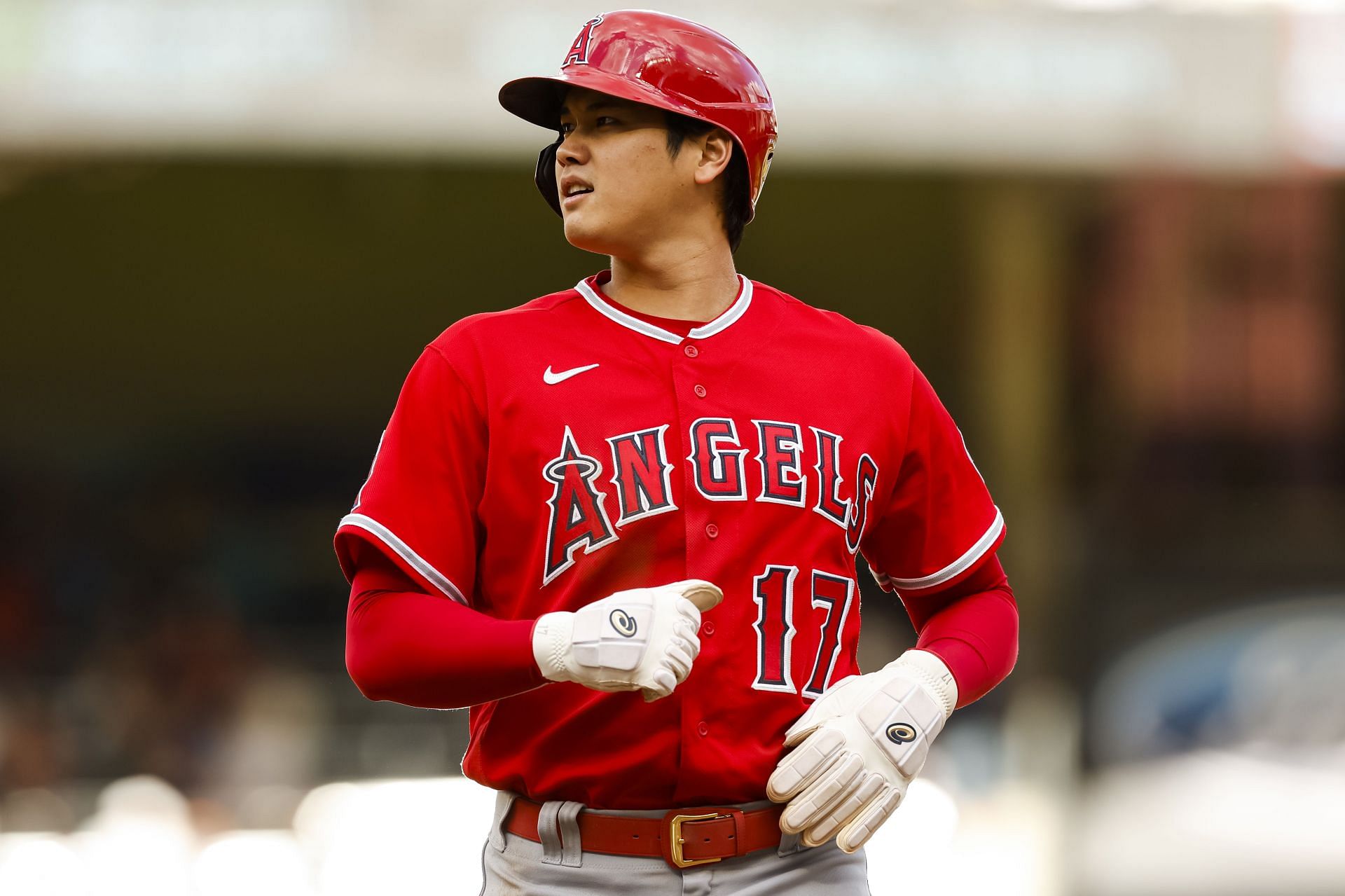 Shohei Ohtani of the Los Angeles Angels looks on against the Minnesota Twins.