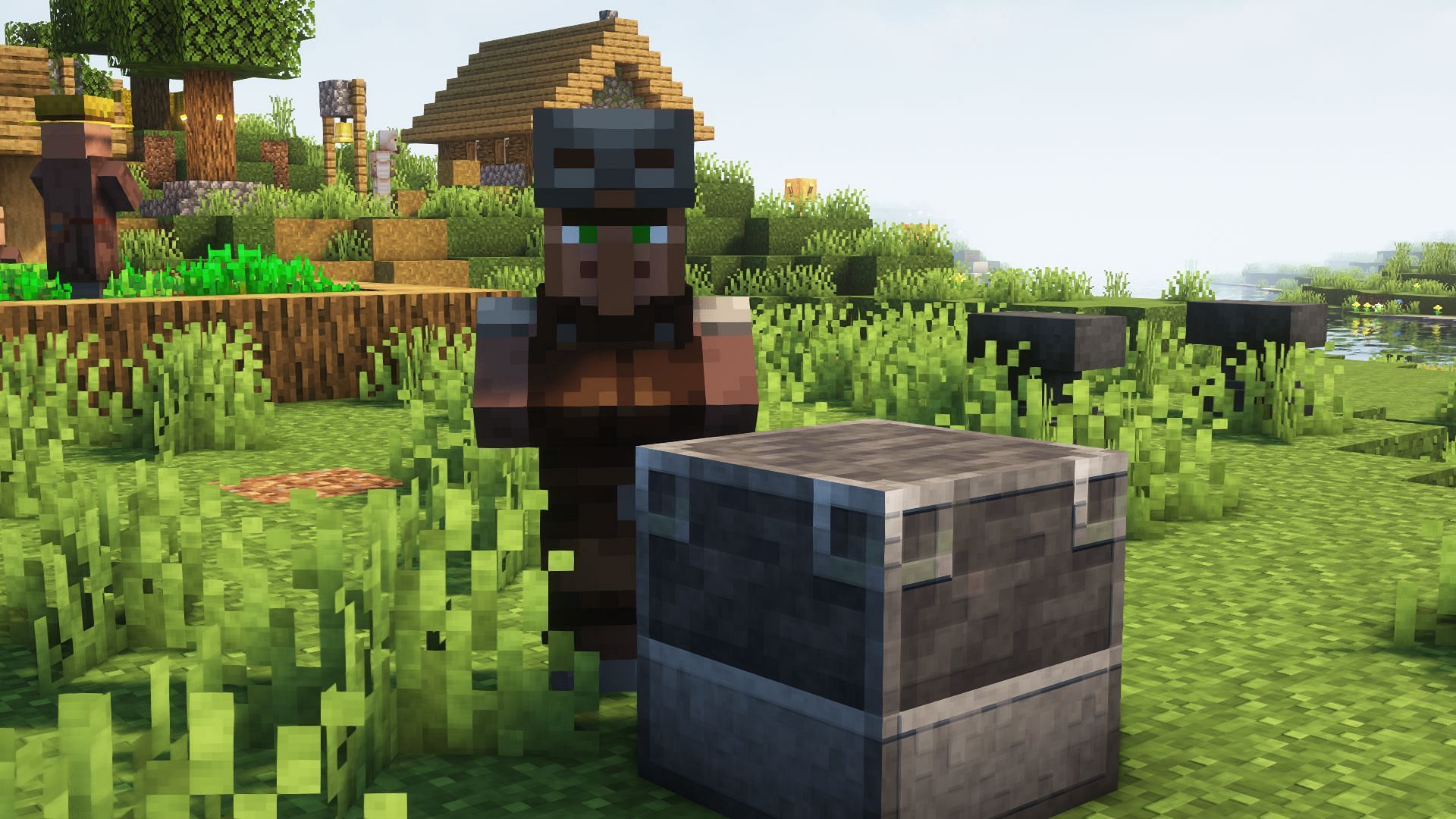 An armorer in Minecraft next to its job site block (Image via Mojang)