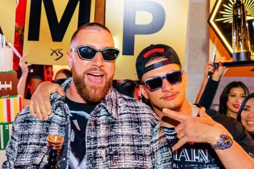 Chiefs QB Patrick Mahomes and TE Travis Kelce in Vegas celebrating their Super Bowl LVII win