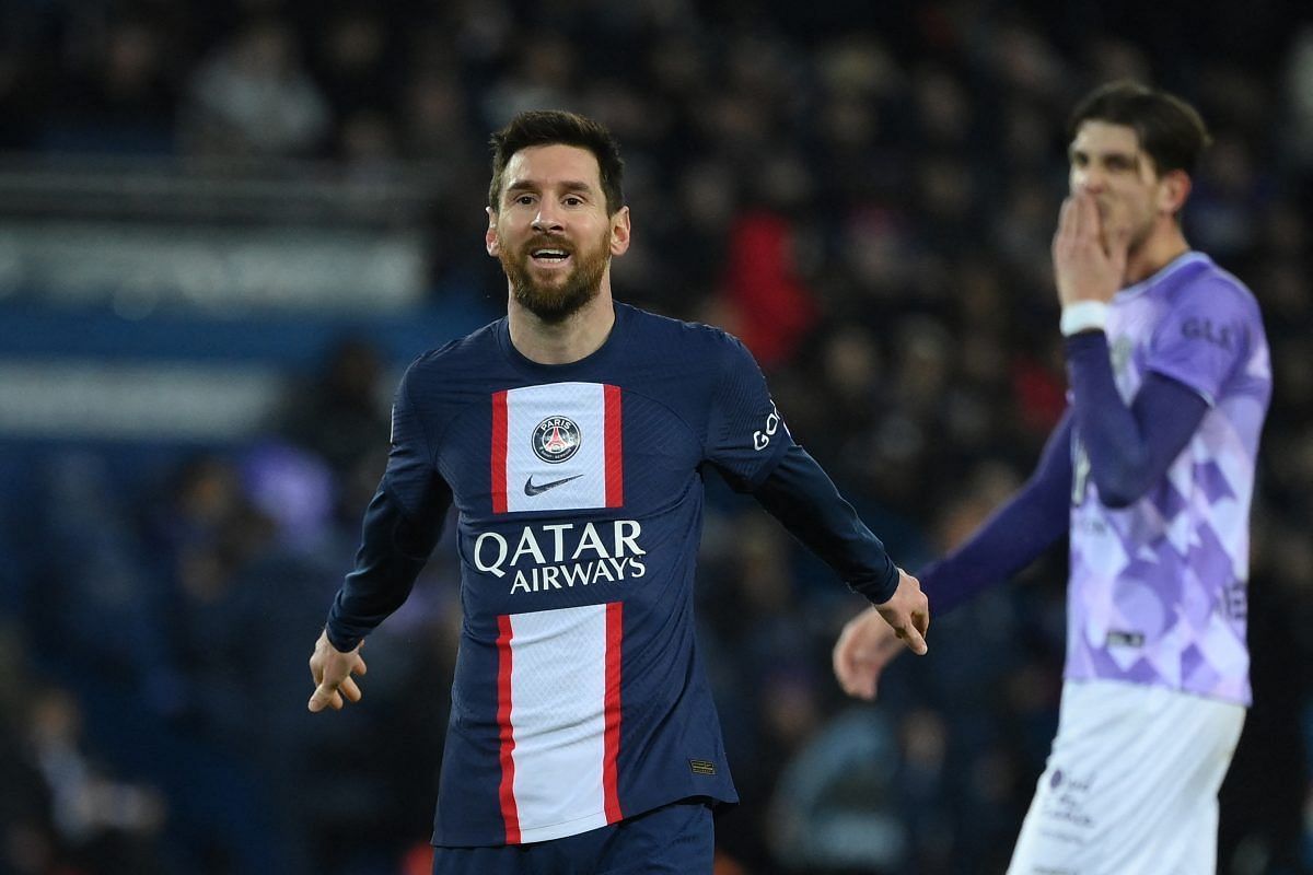 Lionel Messi celebrates after putting Paris-Saint Germain 2-1 up.