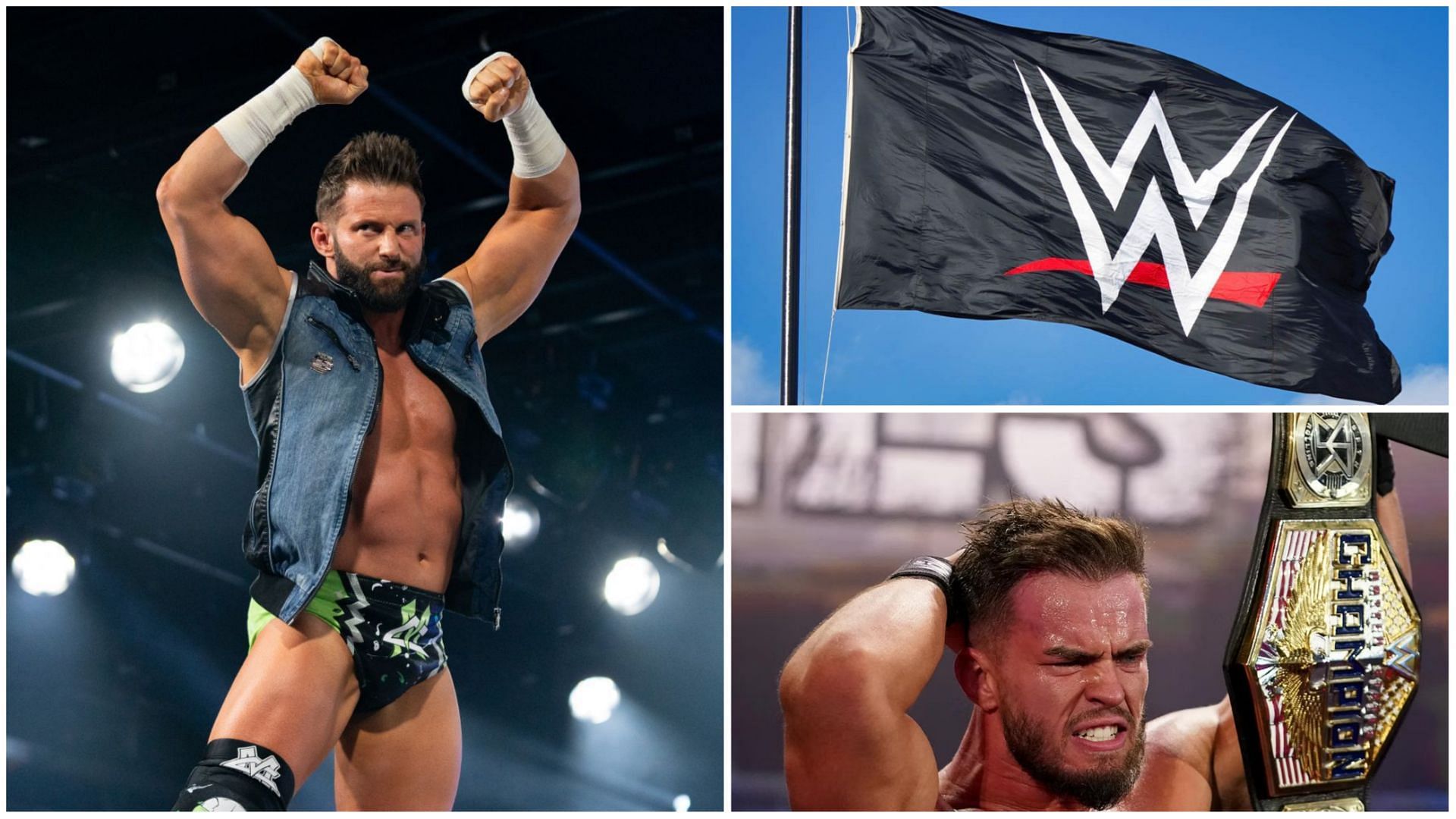 Matt Cardona (Left), WWE logo (Top Right) Austin Theory with the United States Championship (Bottom Right)