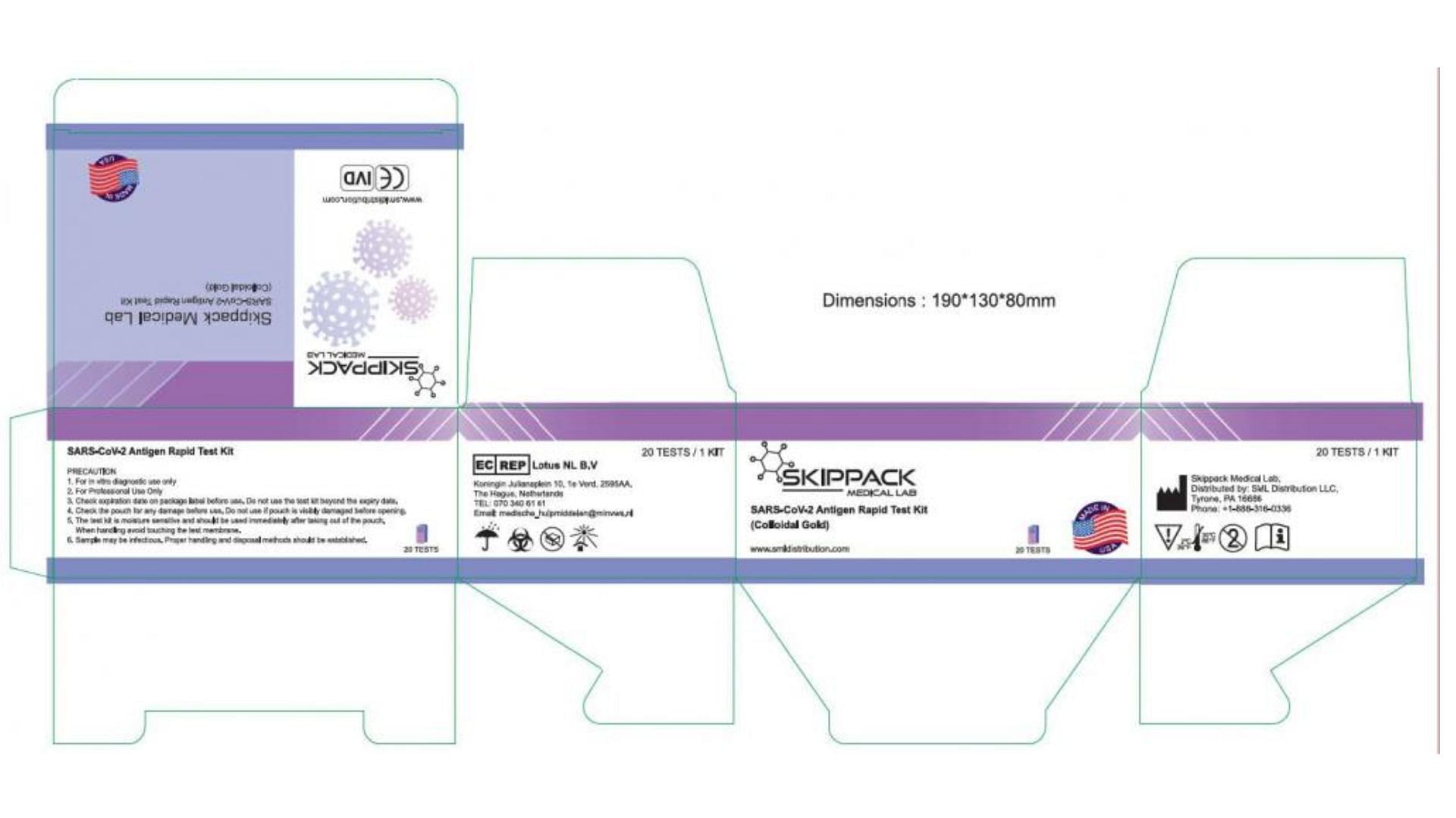 The recalled Skippack Medical Lab &#039;&#039;Purple and white box&#039;&#039; under &ldquo;Skippack Medical Lab&rdquo; brand SARS-CoV-2 Antigen Rapid Test Kits (Image via FDA)