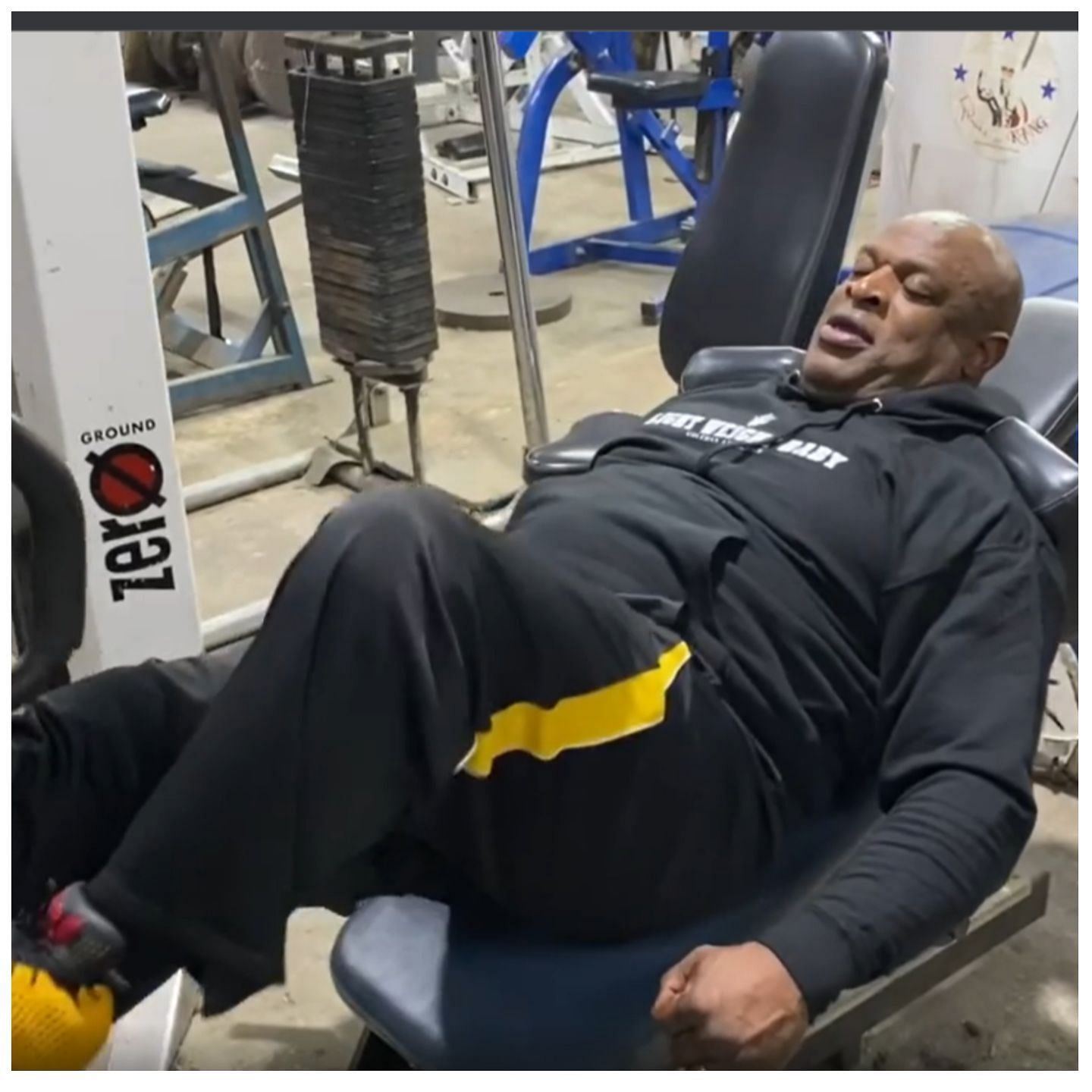 Coleman works his legs on the leg press machine at MetroFlex Gym in Texas after stem cell treatment that allowed him to gain nearly 30 pounds in weight: Image via Instagram (@ronniecoleman8)