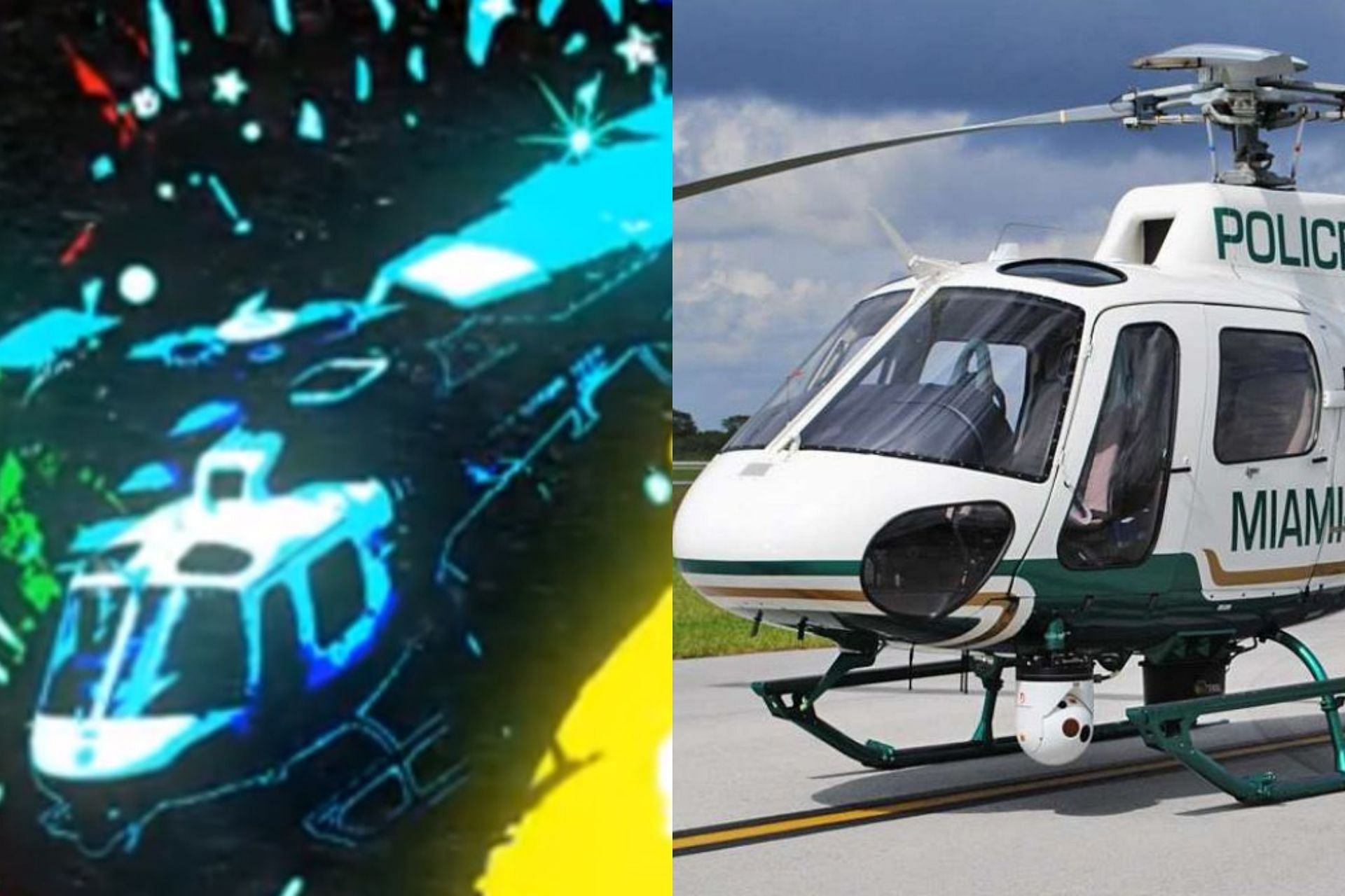 A comparison between the Miami-Dade Police Department chopper and Grand Theft Auto Online poster (Image via Twitter/Gaming Detective)