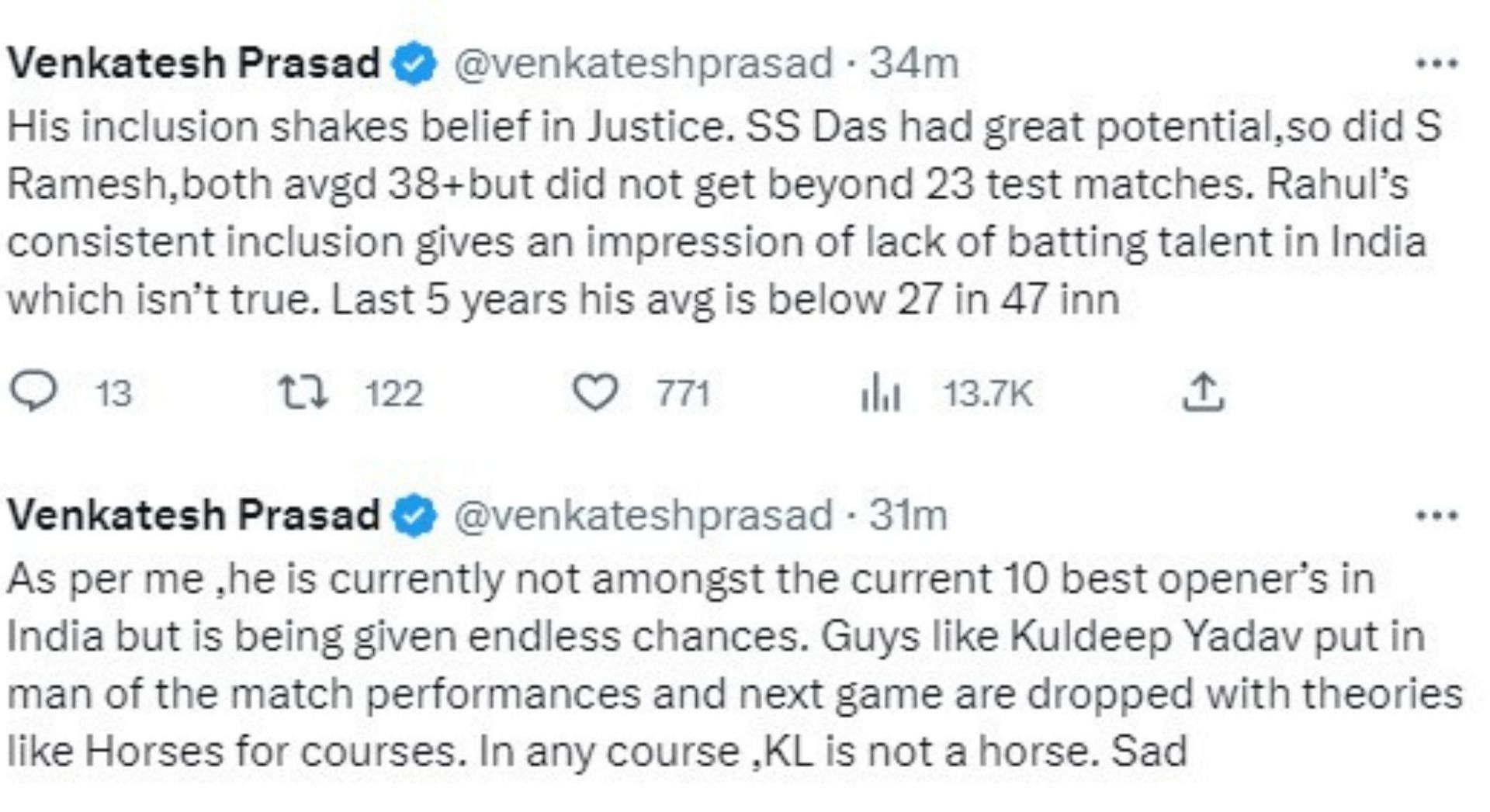 Venkatesh Prasad feels that KL Rahul is not even among the top-10 India openers in Tests.