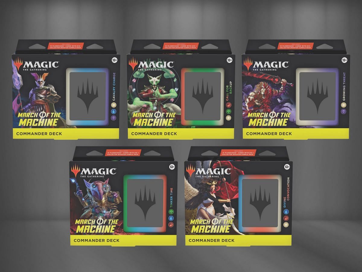 The five Commander decks for Magic: The Gathering&#039;s March of the Machine (Image via Wizards of the Coast)
