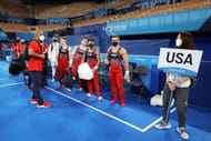 Shane Wiskus, Brody Malone, Yul Moldauer and Sam Mikulak of Team United States look on during Men's Podium Training ahead of the Tokyo 2020 Olympic Games at Ariake Centre on July 21, 2021 in Tokyo, Japan. (Photo by Harry How/Getty Images)
