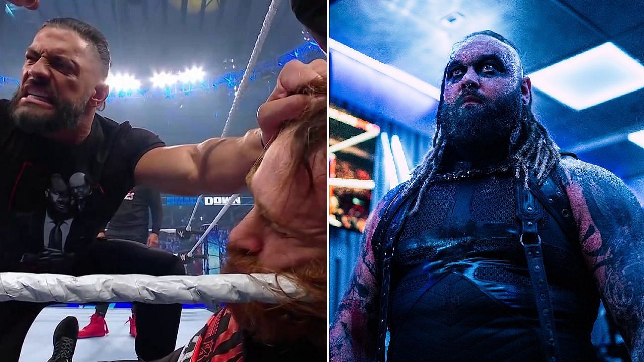 The Bloodline beats up Sami Zayn (left); Bray Wyatt (right)