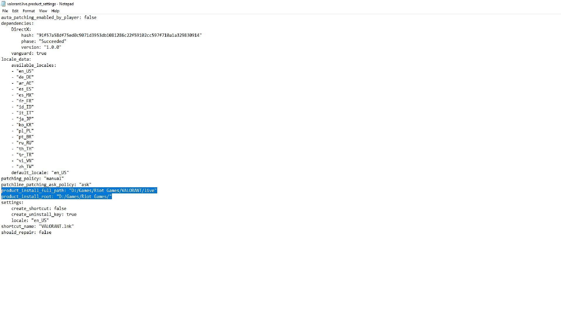 valorant.live.product_settings.yaml file opened with Notepad (Image via Sportskeeda)