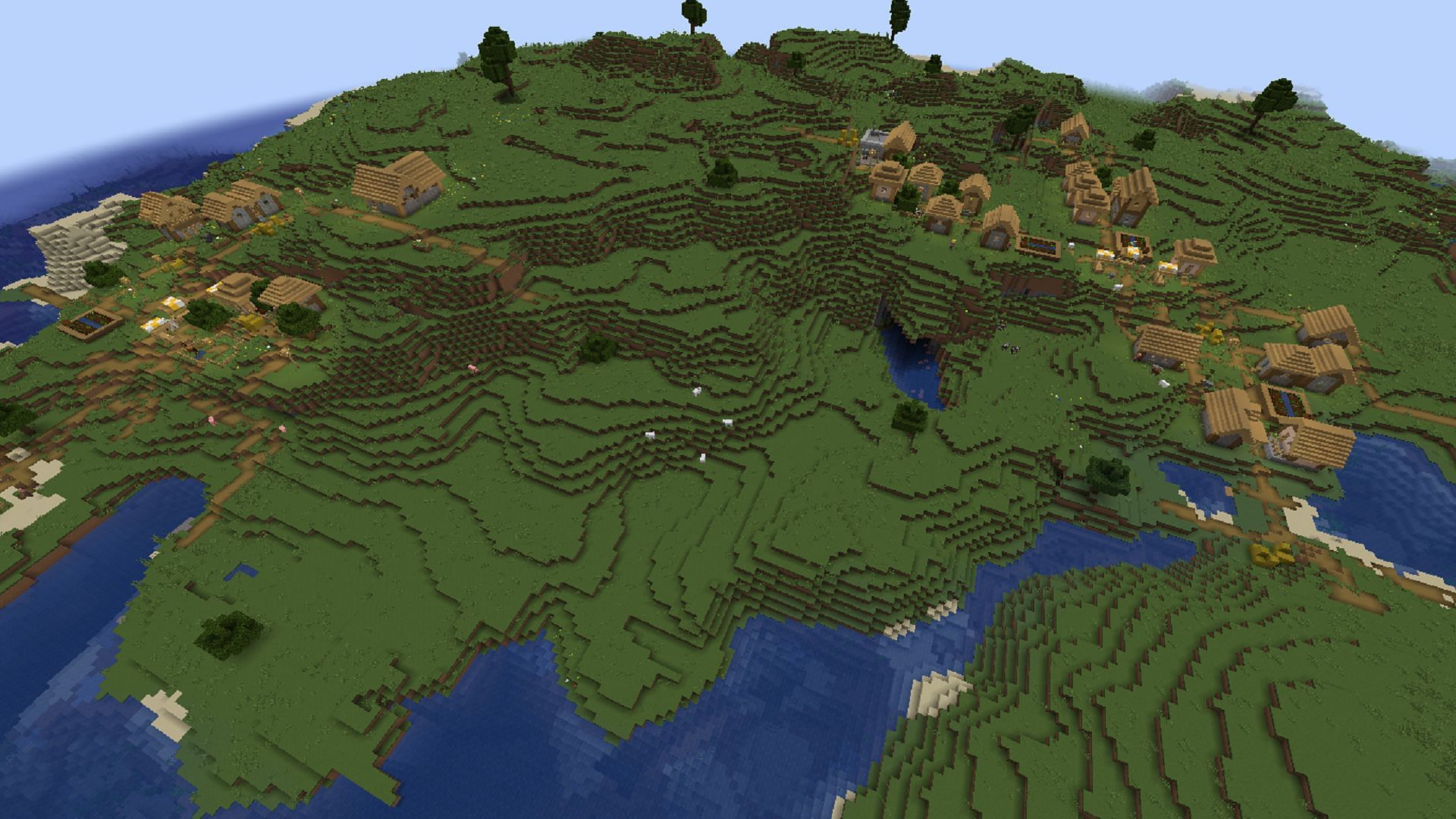 This seed offers up four villages on a Minecraft survival island (Image via Mojang)