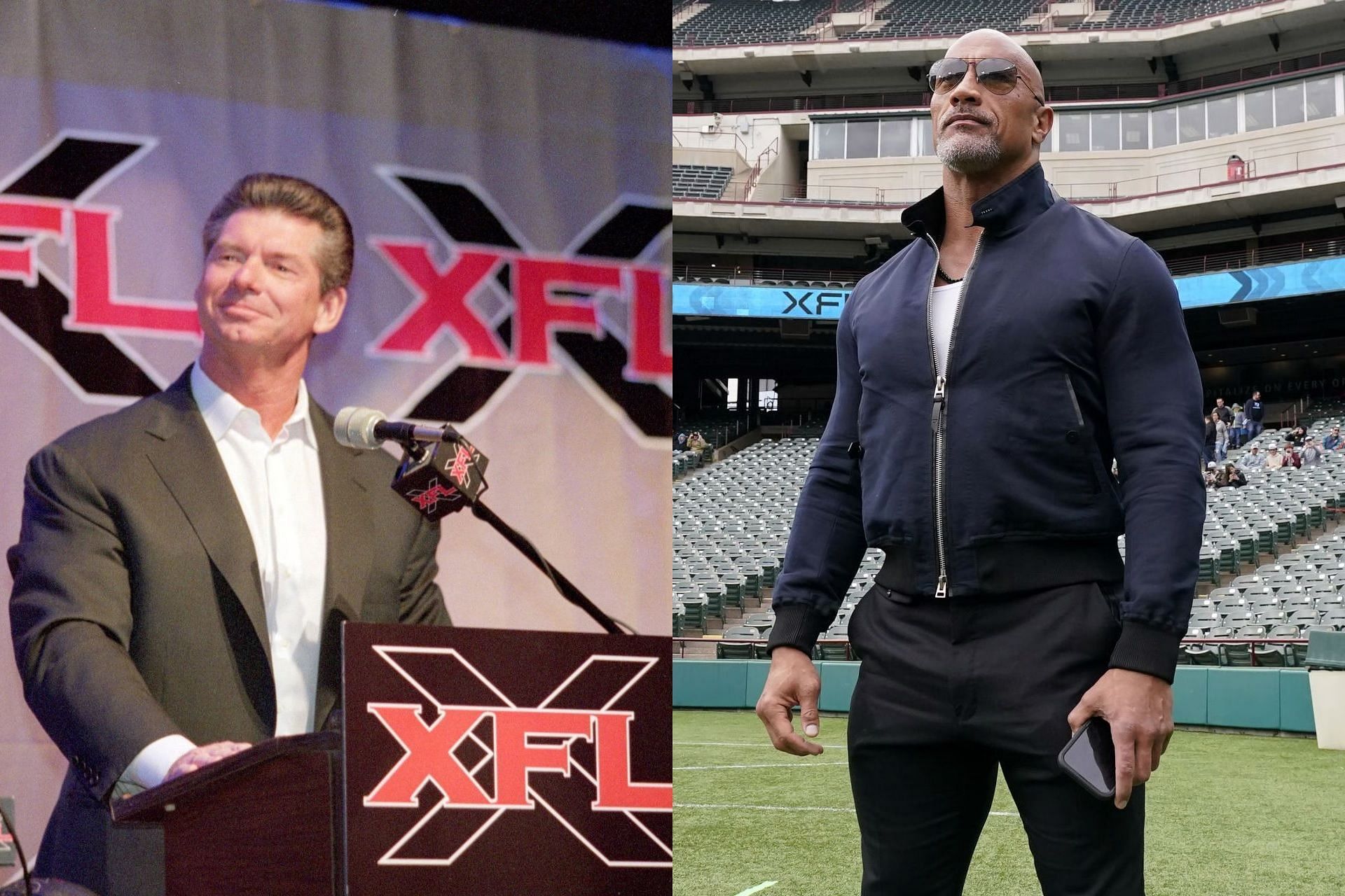 Vince McMahon (L) and Dwayne Johnson (R) at XFL events