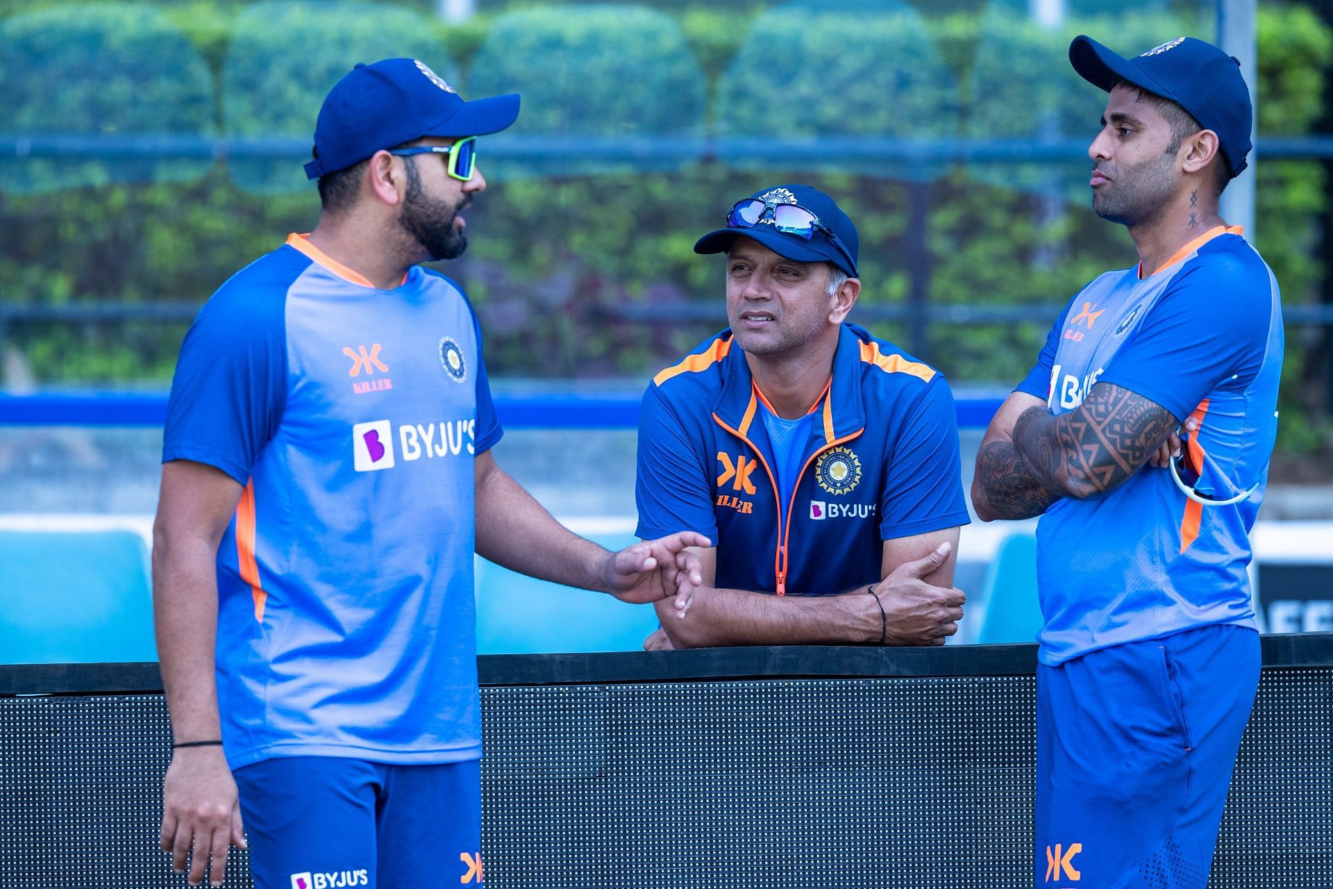 Rohit Sharma (left) and Rahul Dravid (centre) during a training session in Nagpur [Credits: BCCI]