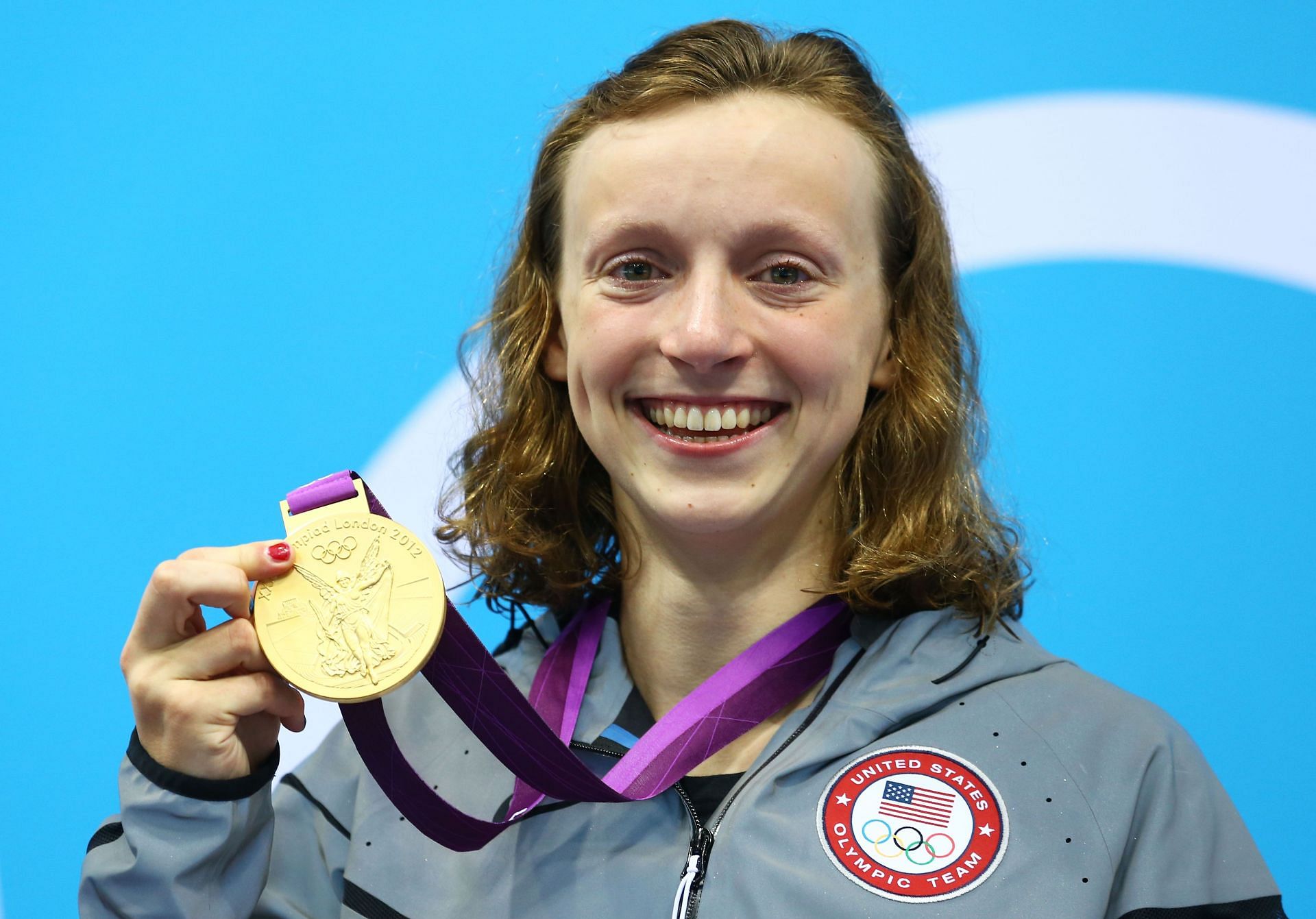 Gold medallist Katie Ledecky poses during the medal ceremony for the Women&#039;s 800m Freestyle at the London 2012 Olympic Games