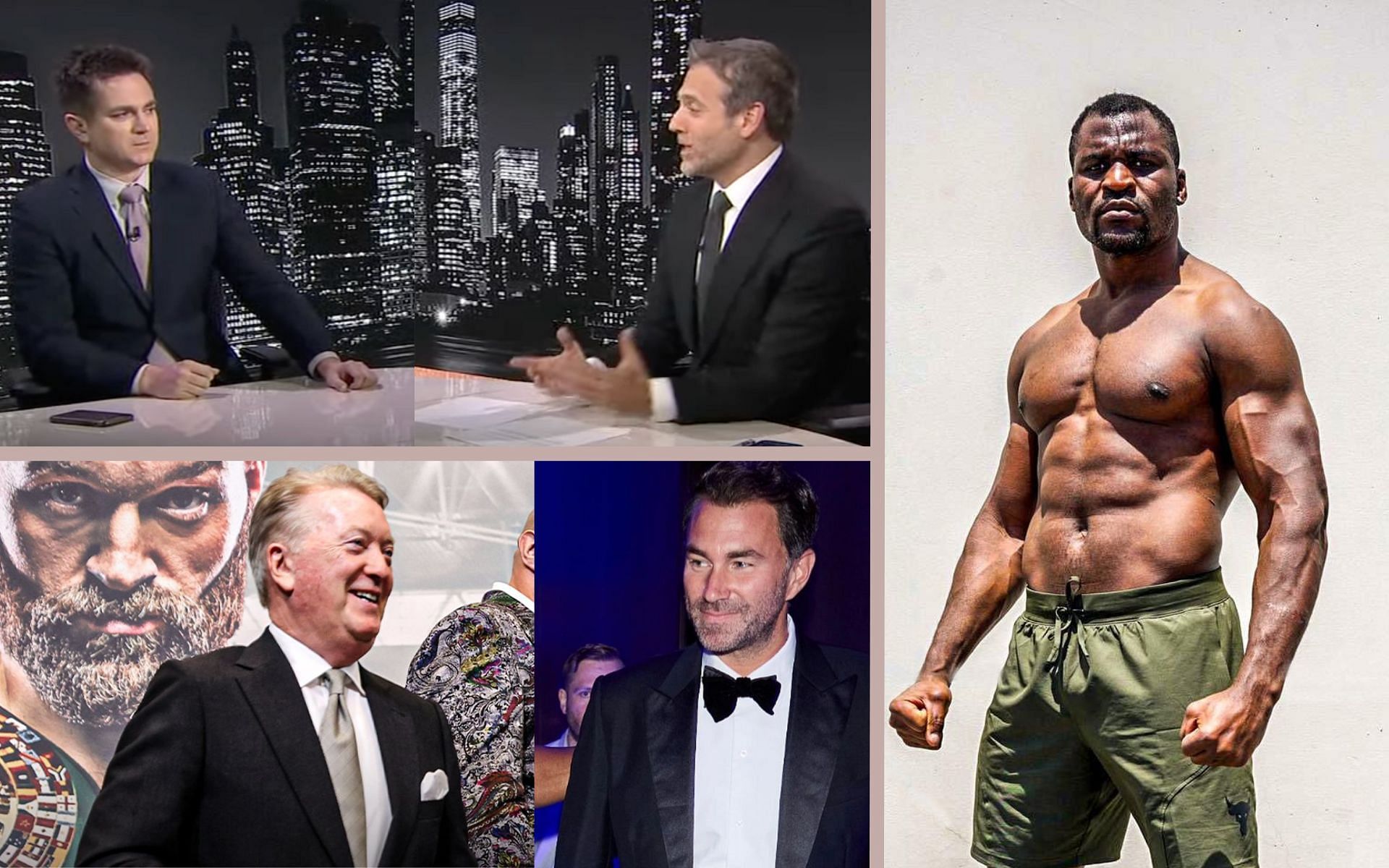 Chris Mannix and Max Kellerman [Top Left] Frank Warren and Eddie Hearn [Bottom Left] Francis Ngannou [Right] [Images courtesy: ESPN MMA (YouTube) @BTSportBoxing (Twitter) @eddiehearn (Instagram)]