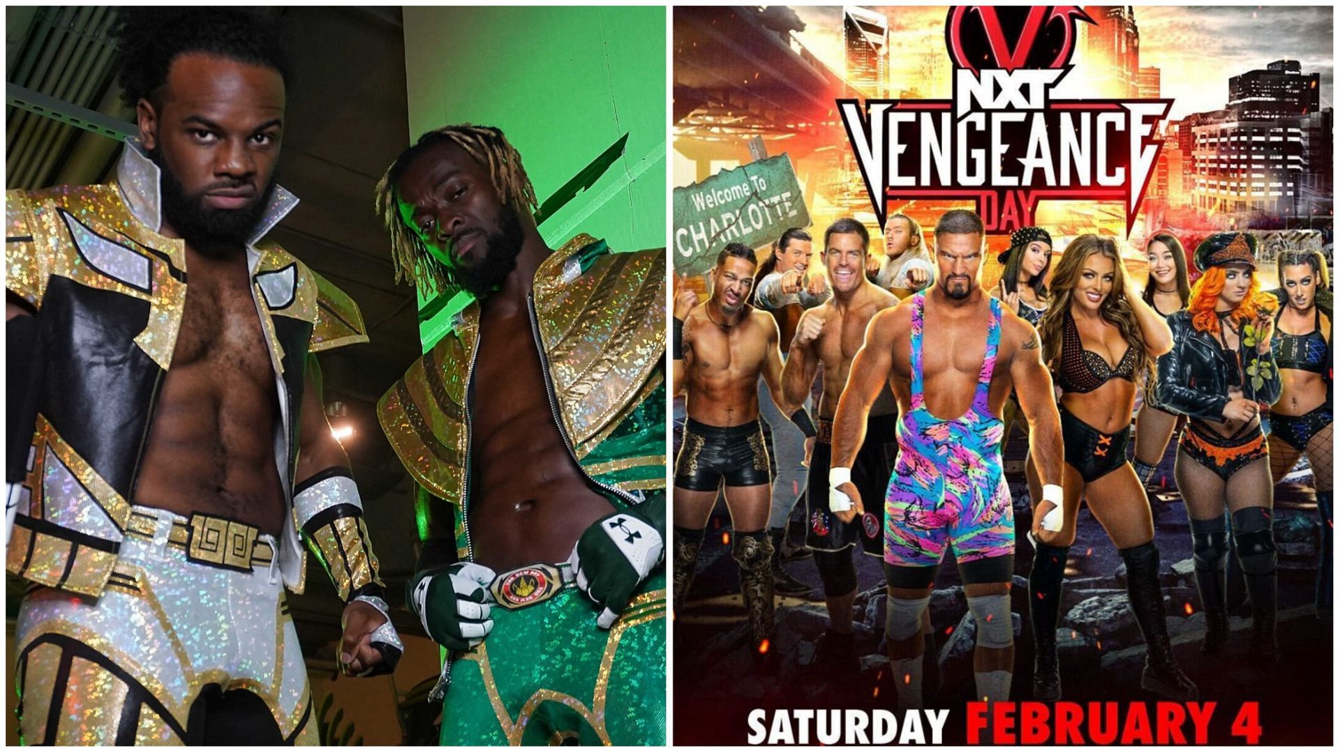 The New Day (L), WWE NXT Vengeance Day 2023 promotional poster (R)