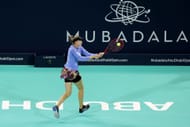 Rybakina strikes the ball at the Mubadala Abu Dhabi Open