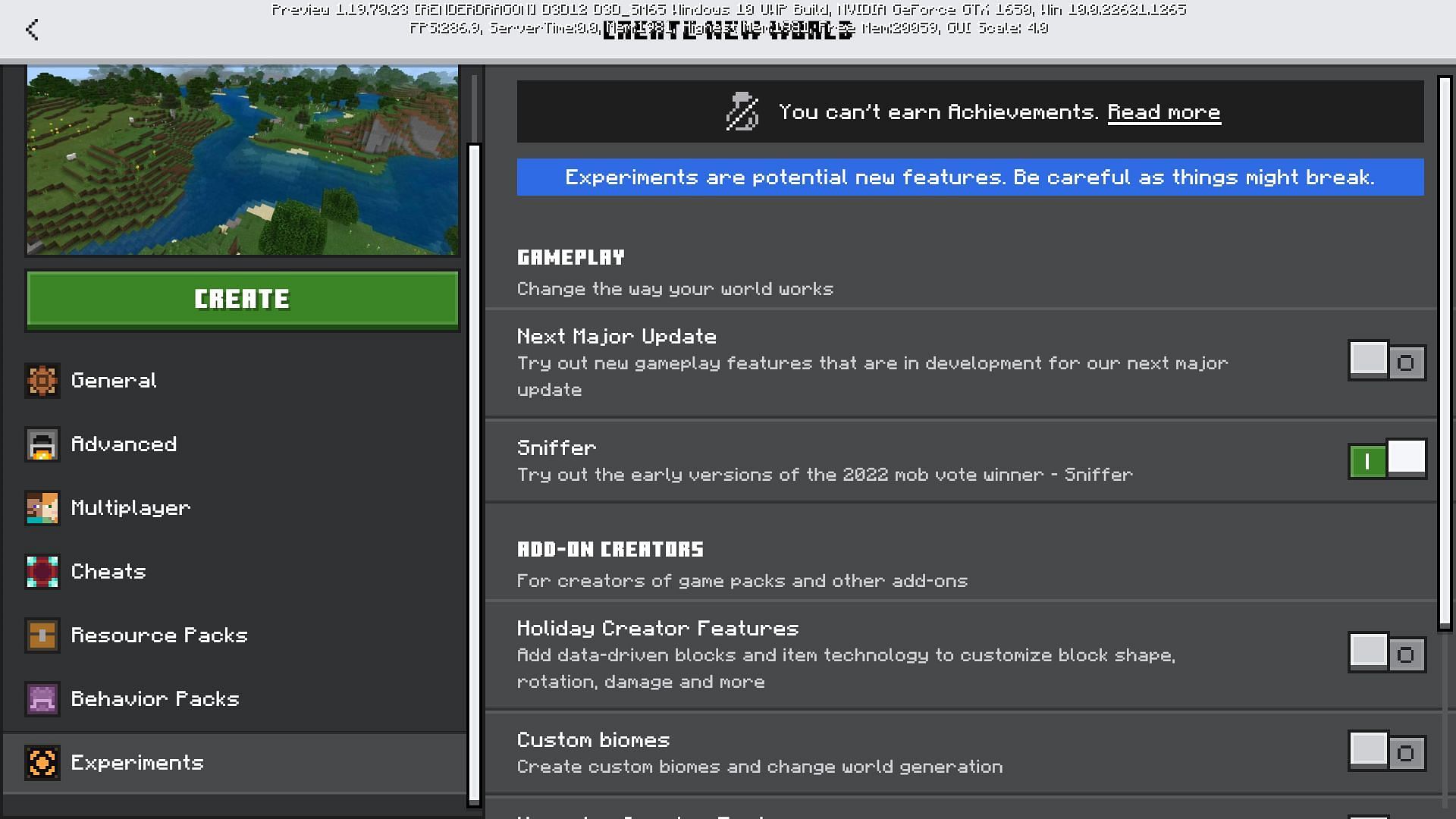 Minecraft beta preview 1.19.70.23 version has a separate sniffer mob toggle in the experiments tab (Image via Mojang)