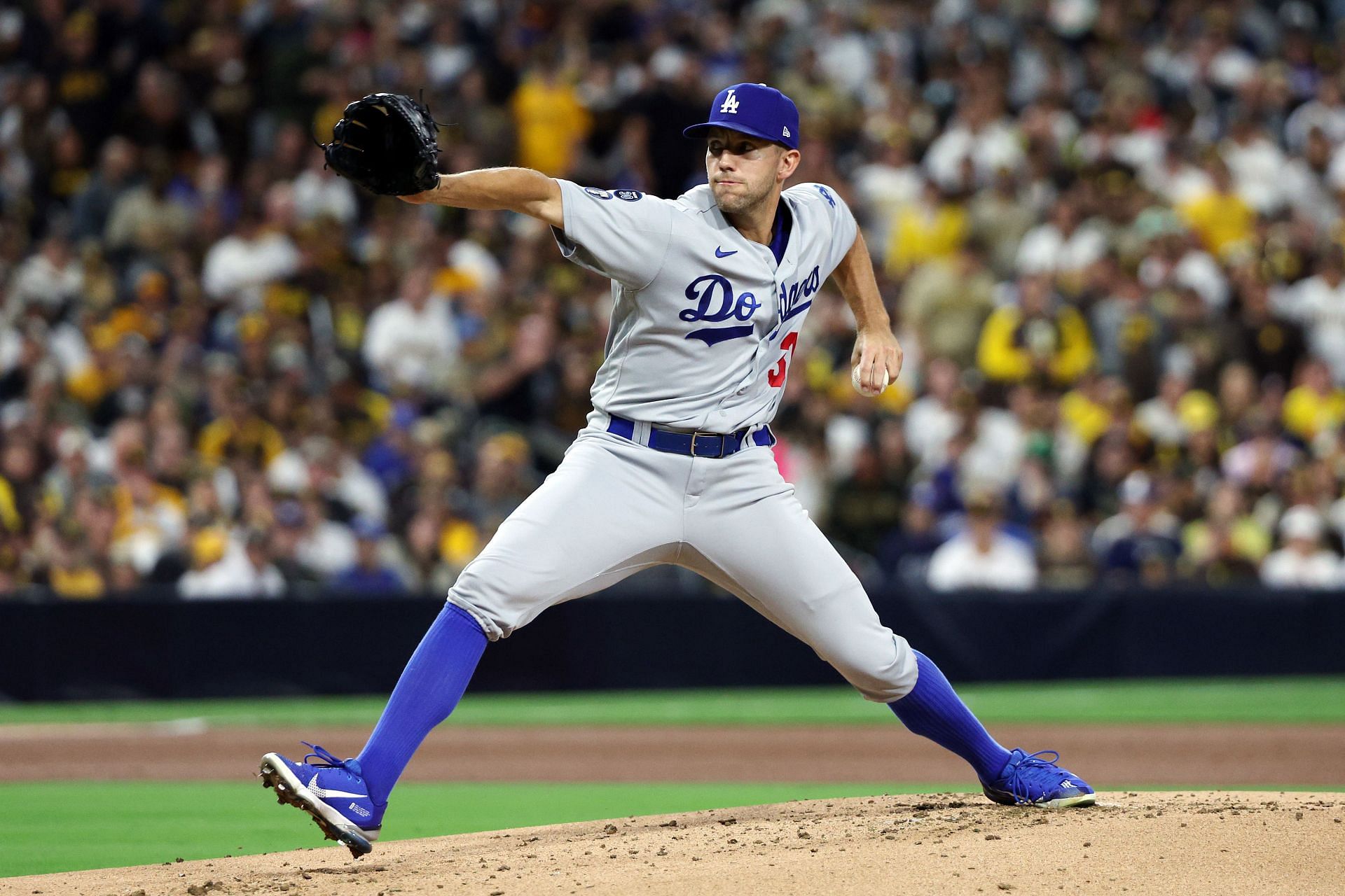 Tyler Anderson pitches against the San Diego Padres in game four of the NLDS at PETCO Park