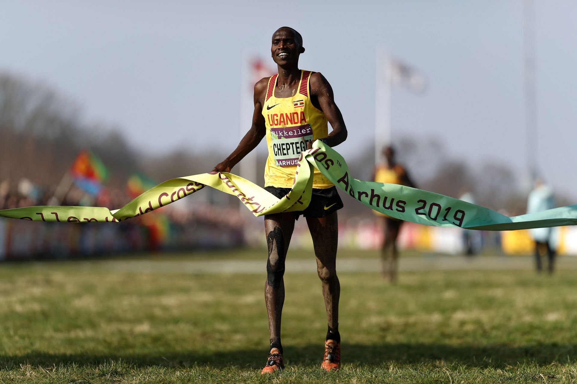 Joshua Cheptegei of Uganda crosses the line to win the Men&#039;s Senior Final during the IAAF World Athletics Cross Country Championships on March 30, 2019 in Aarhus, Denmark. (Photo by Bryn Lennon/Getty Images) World Athletics