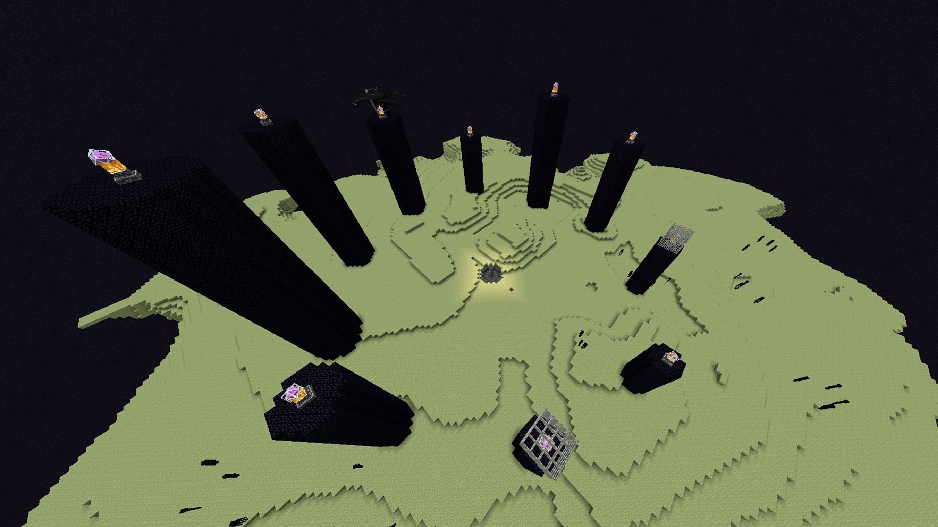 The primary island in the End contains sturdy End crystal spires and plenty of hostile mobs (Image via Mojang)