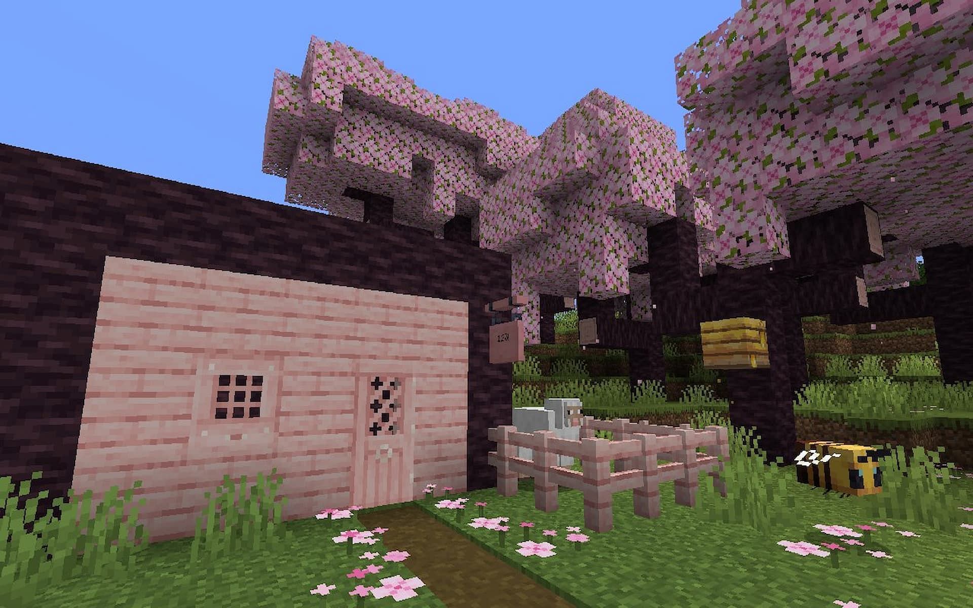 Players can use cherry wood to create amazing pink structures (Image via Mojang)