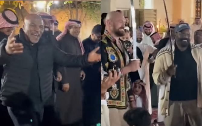 Watch: Mike Tyson and Tyson Fury dance with Saudi Arabian princes and wield swords in Diriyah