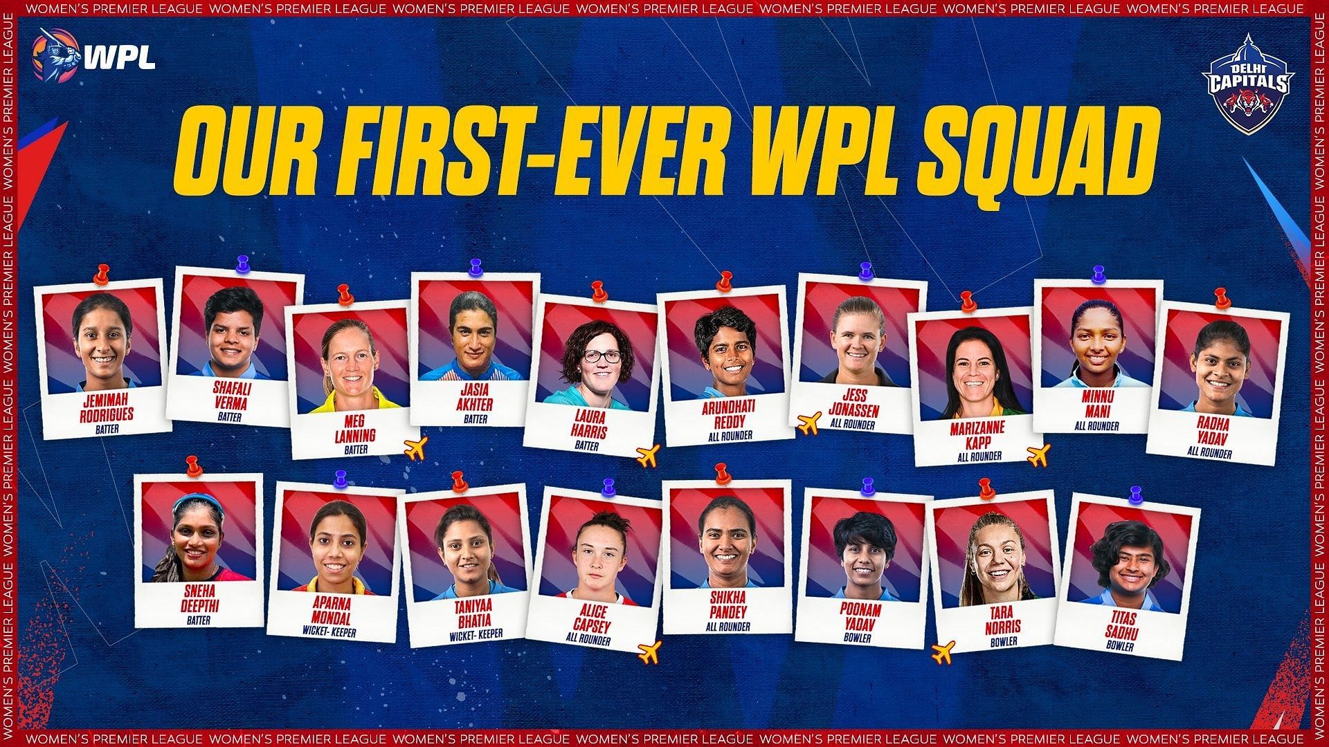 Delhi Capitals WPL 2023 squad. Pic: DC/ Twitter