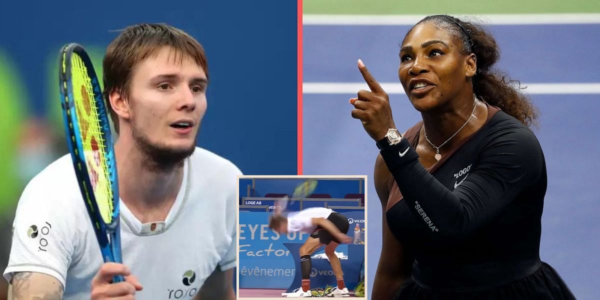 Alexander Bublik (L), Serena Williams (R) and a snapshot of Bublik smashing his racket (inset)
