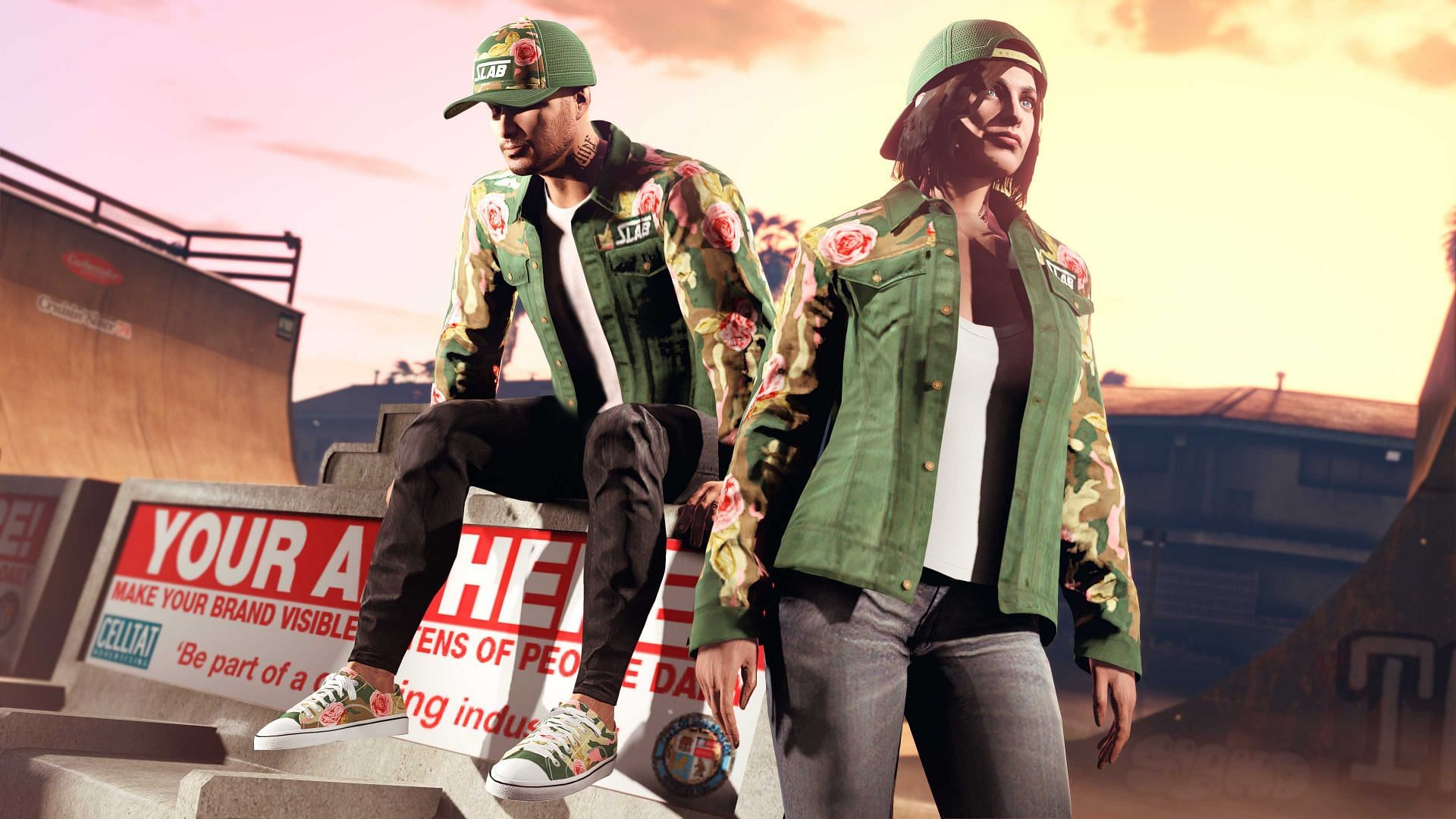 Camo Roses Slab Cap, Denim Jacket, and Canvas Shoes (Image via Rockstar Games)