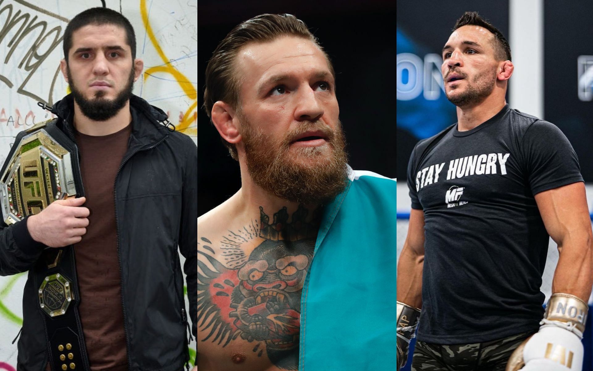 Islam Makhachev (left), Conor McGregor (centre) and Michael Chandler (right) [Image Credits: Getty Images, @mikechandlermma and @islam_makhachev on Instagram]