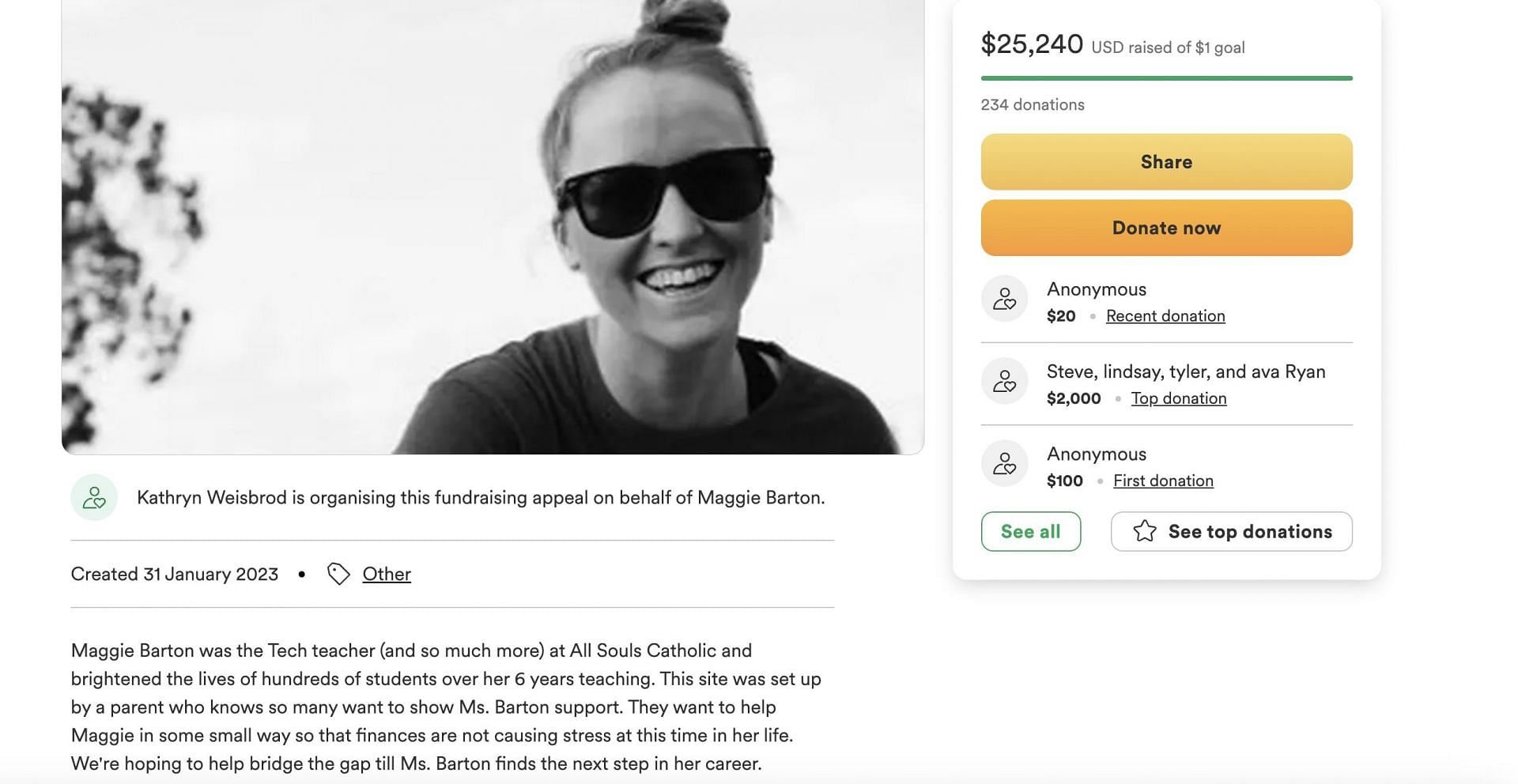 Parents of the school set up a GoFundMe page for Maggie Barton after the authorities fired her for being a relationship with a woman. (Image via GoFundMe)