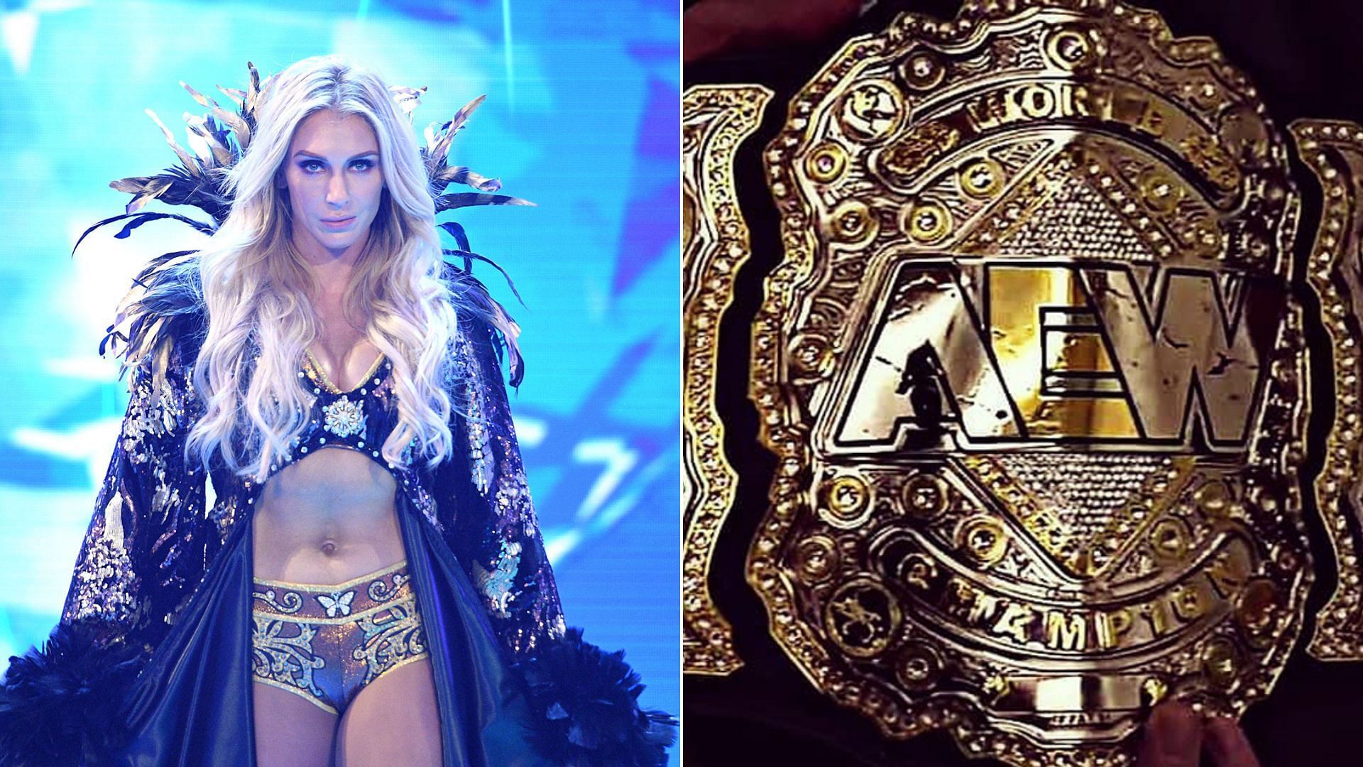 Charlotte Flair (left), AEW World Championship belt (right)