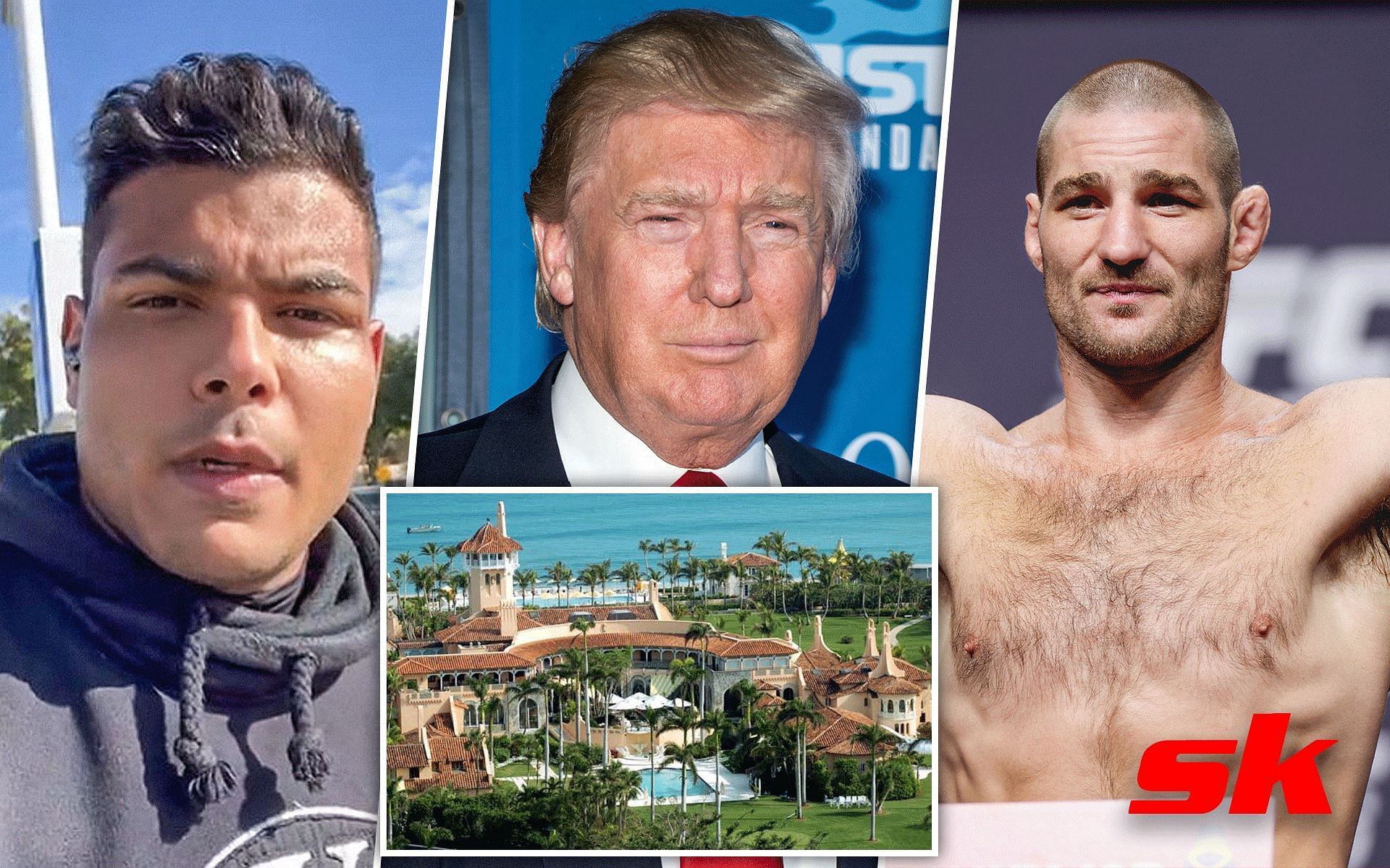 Paulo Costa (left), Donald Trump (top centre), Mar-a-Lago (bottom centre), and Sean Strickland (right). [Images courtesy: left image from Instagram @borrachinhamma, bottom centre image from Twitter @ramsey_lewis007, and rest from Getty Images]