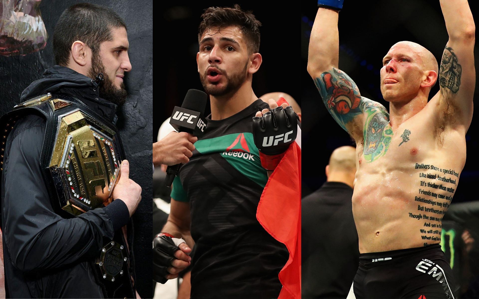 Islam Makhachev (left), Yair Rodriguez (center), Josh Emmett (right). [via Getty Images]