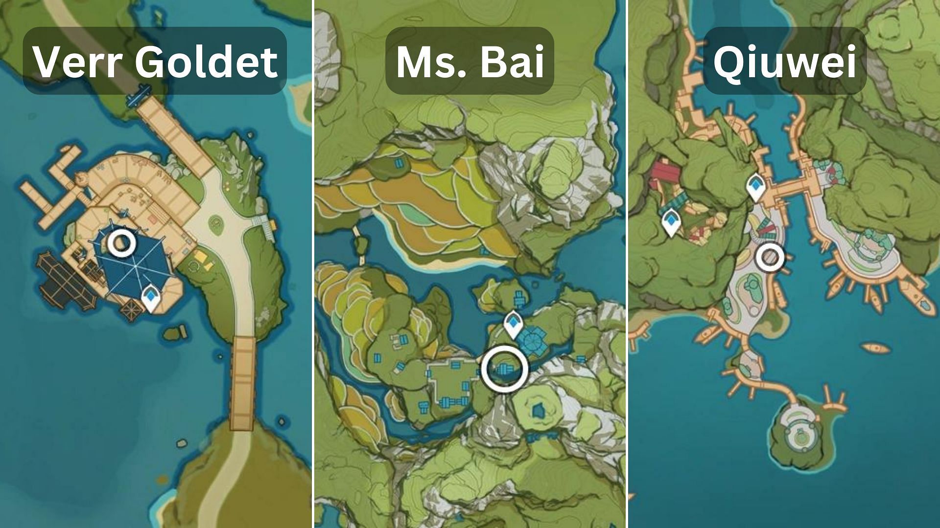 Locations of three NPCs that sell Silk Flowers (Image via HoYoverse)