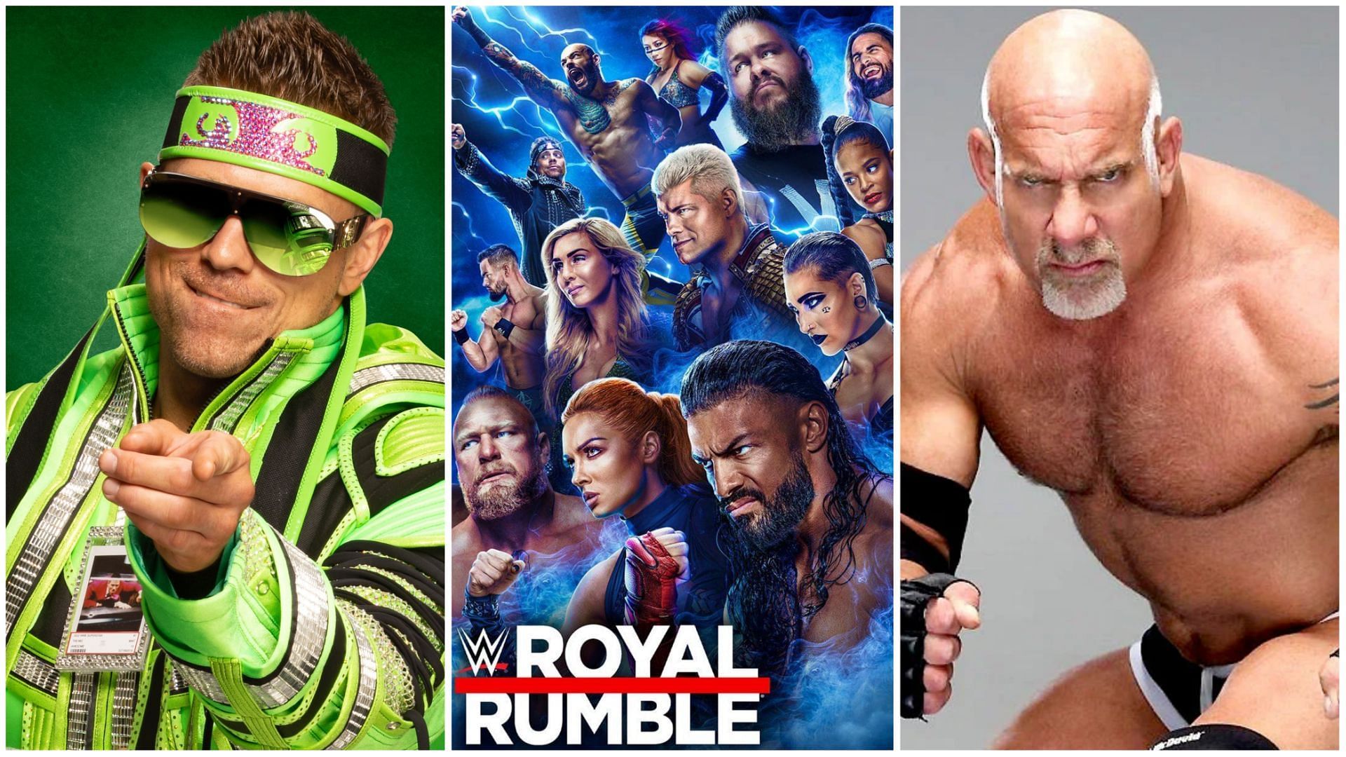 The Miz (L), WWE Royal Rumble 2023 promotional poster (C), Bill Goldberg (R)