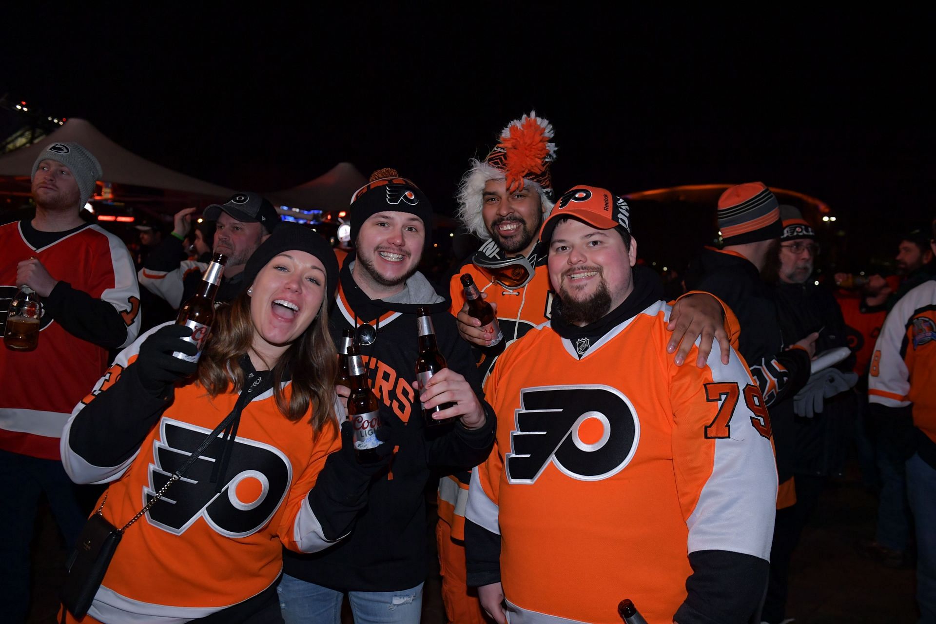 Philadelphia Flyers fans gather outside the Wells Fargo Center