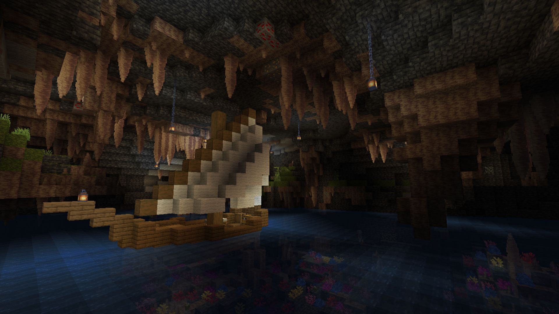Ships can be built on aquifers inside caves in Minecraft (Image via Reddit / u/SillyNameHere002)