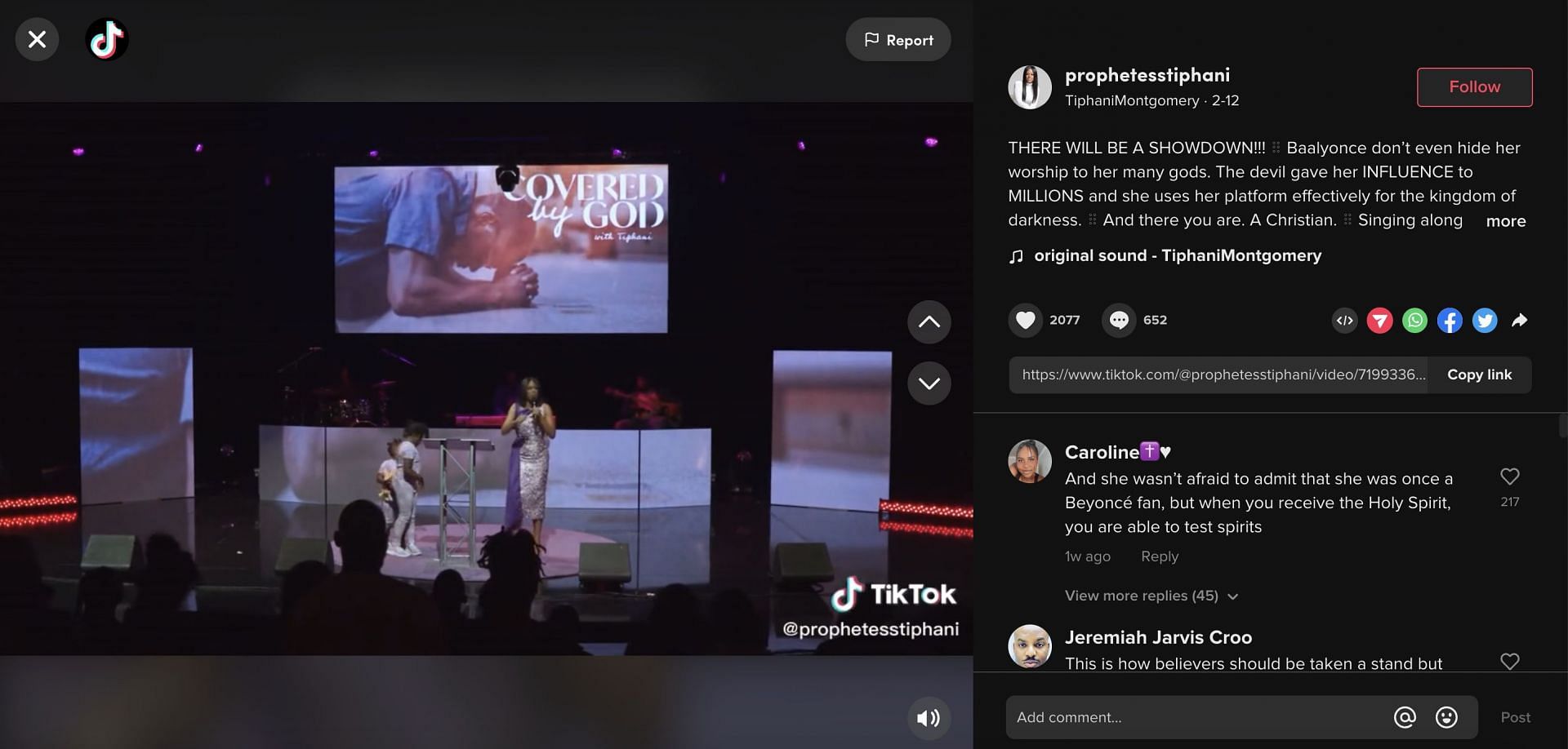 Tiphani, the pastor, shared a video on TikTok where she is calling Beyonce a &quot;witch.&quot; (Image via TikTok)