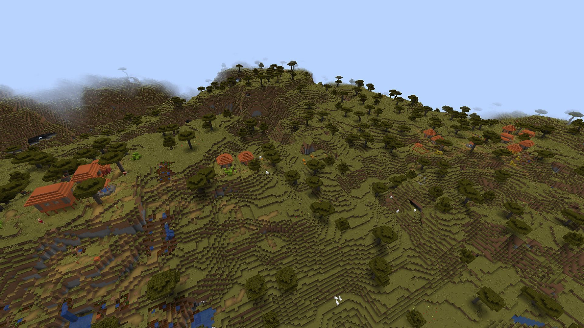 Plenty of villages can be found in this seed in the starting savannah biome (Image via Mojang)